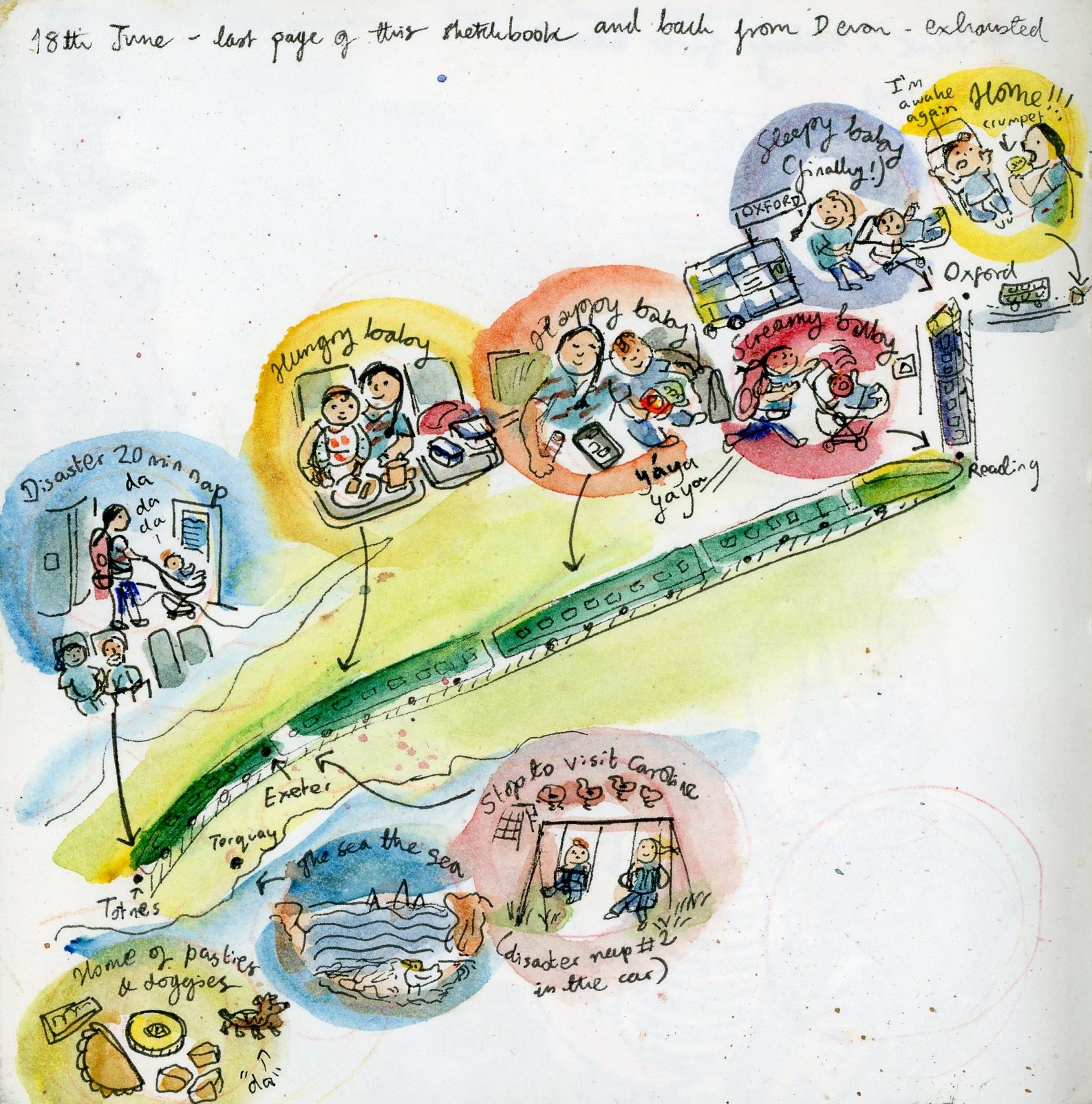 Sketch of a train crossing the country from Totnes to Oxford, annotated with pictures of disastrous naps, happy baby, screamy baby, and (finally) sleepy baby