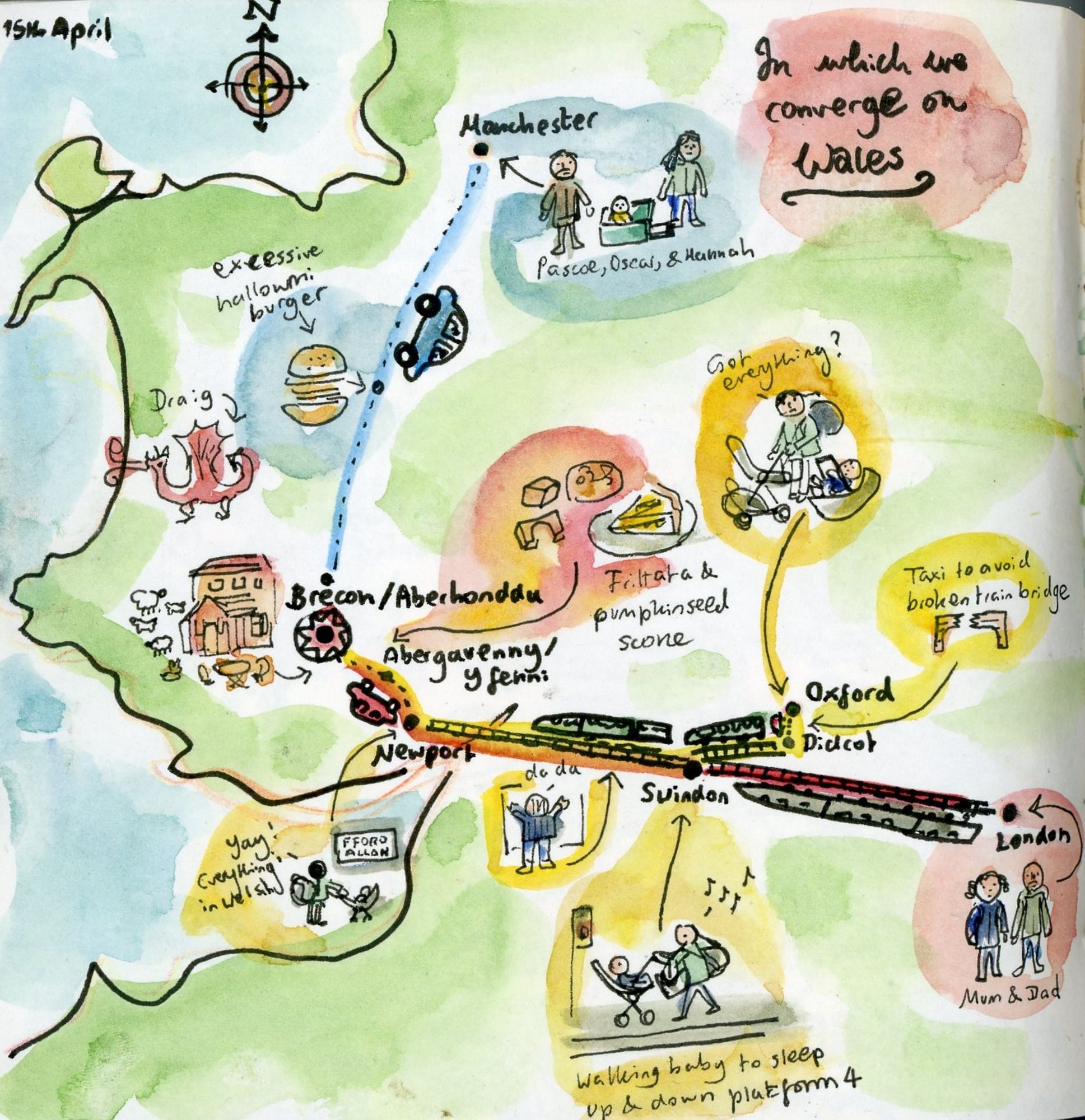 A sketched map of the family converging on Brecon in Wales from Oxford, London, and Manchester