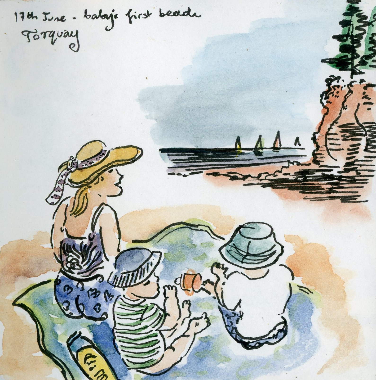 Sketch of 2 babies and a woman in a hat on a rug with a bottle of suncream and a sippy cup; and the sea with sailing boats on it and a red cliff