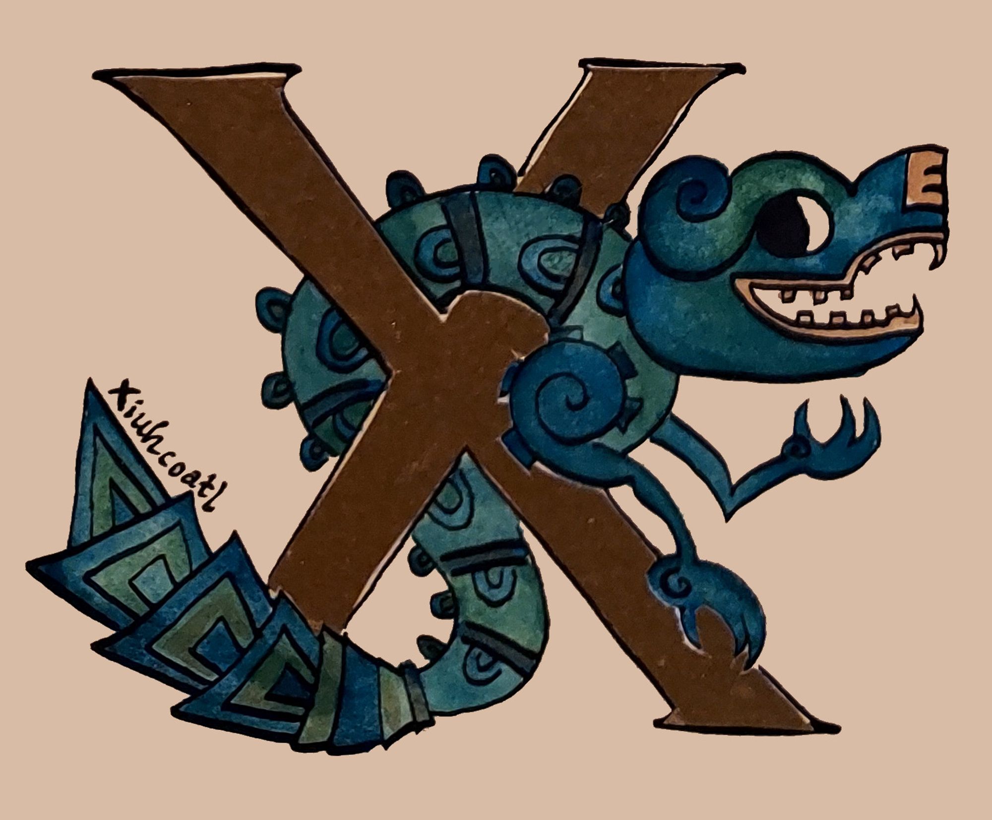 A drawing of a bronze X, through which climbs a turquoise serpent with a pointy tail, two front claws and a grinning mouth with sharp teeth