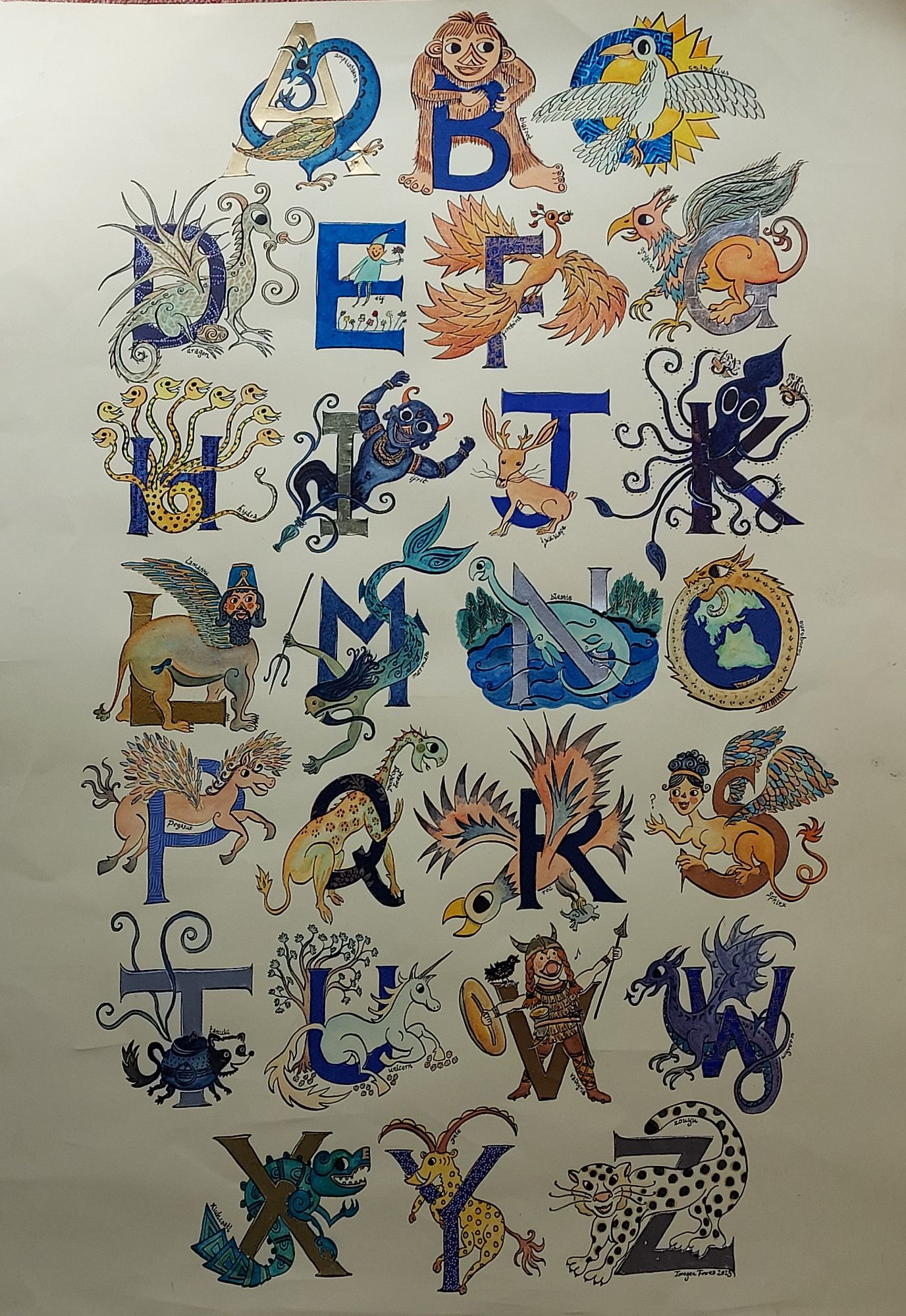 An illlustrated alphabet poster of imaginary animals, from A for Amphisbaena to Z for Zouyu, via Dragon, Roc and Unicorn