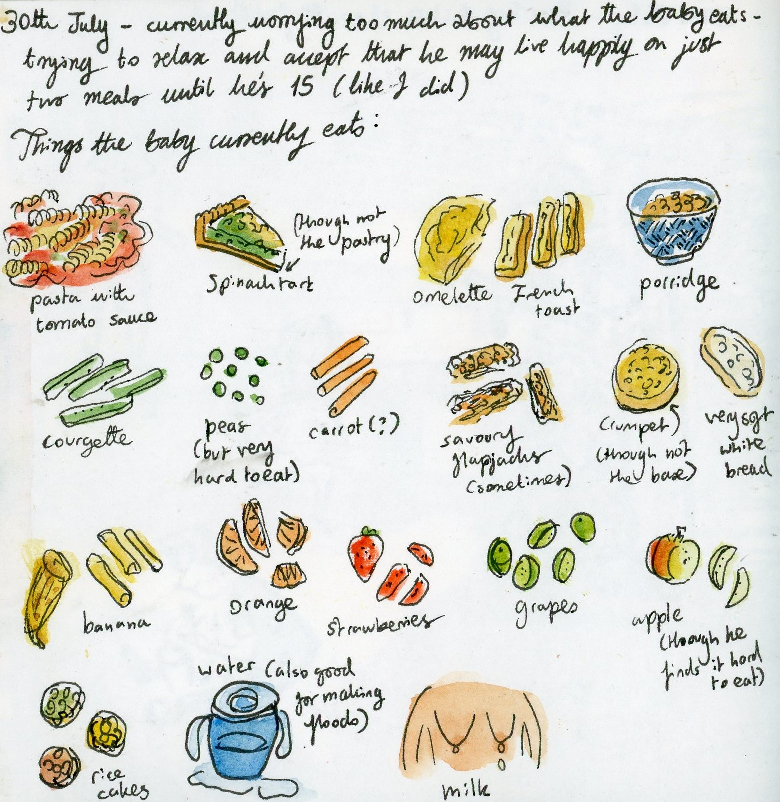 A sketch of the things baby eats: pasta with tomato sauce, spinach tart, omelette, porridge, courgette, peas, carrot, flapjack, crumpet, white bread, banana, orange, strawberry, grapes, apple, rice cakes, water, breast milk