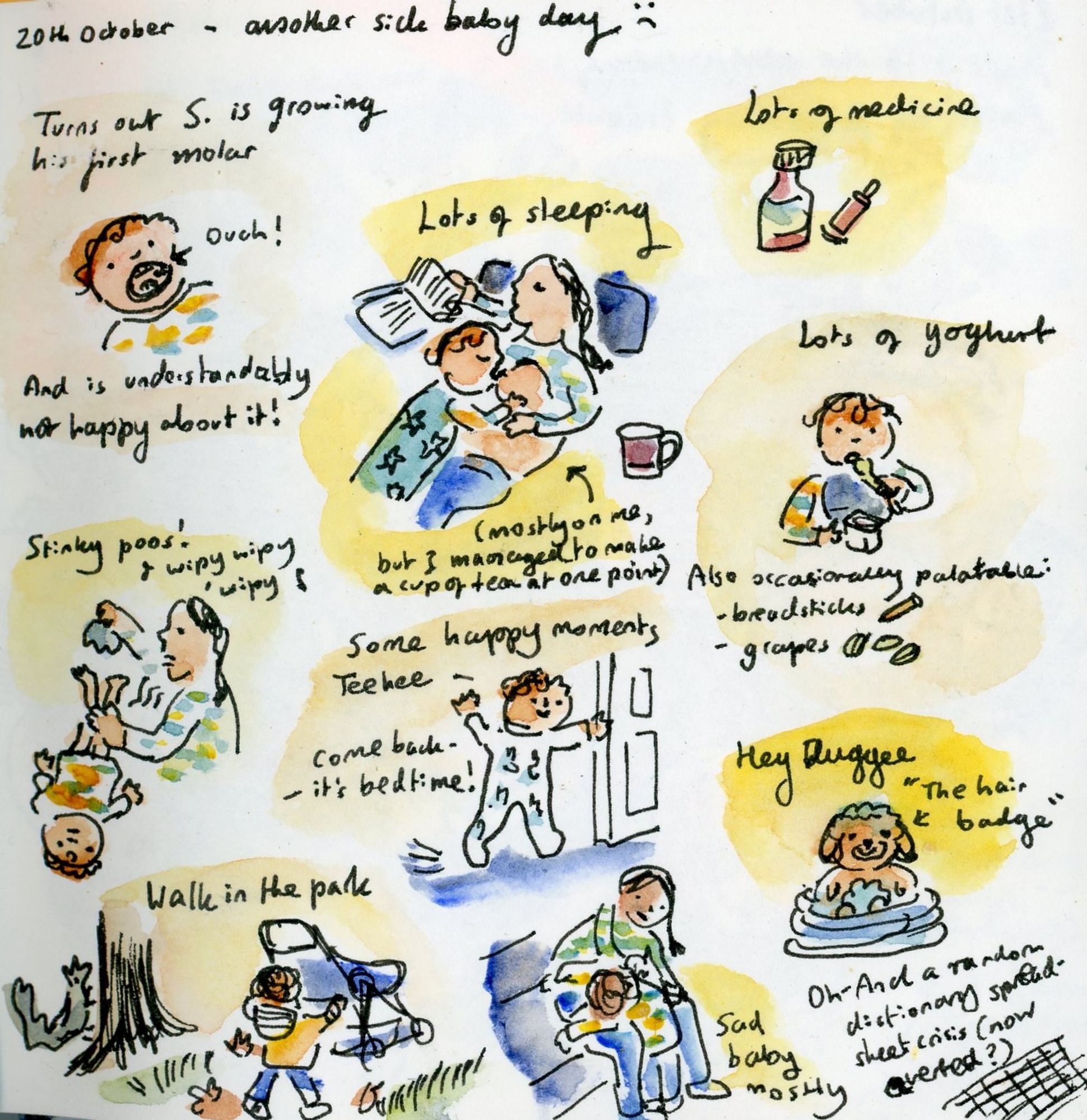 Sketches of another sick baby day (turns out he's growing his first molar) - lots of sleeping, medicine, yoghurt, stinky poos, a walk in the park, and a random spreadsheet crisis averted