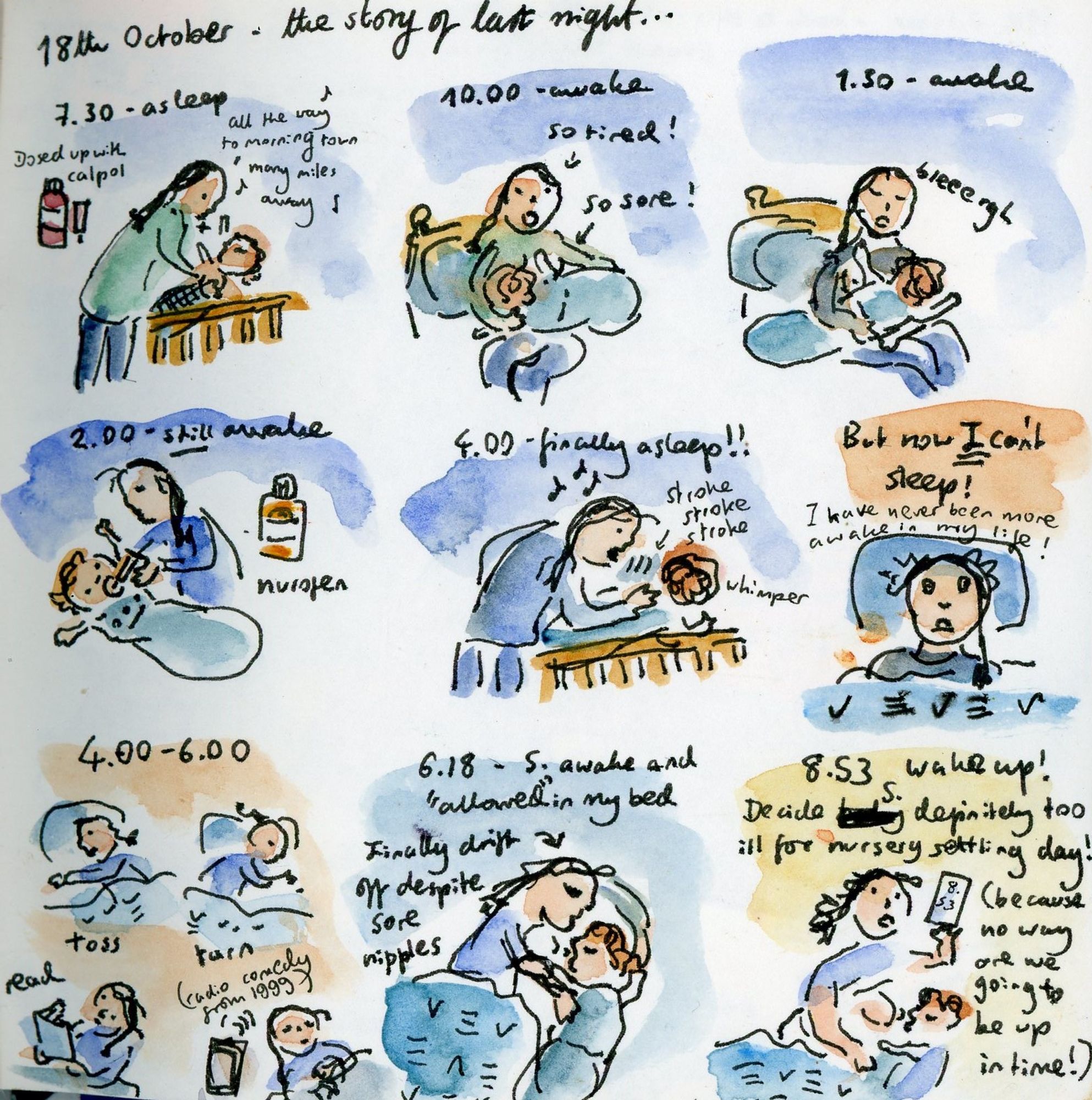 Sketches of a disastrous night - baby keeps waking up, and I give him endless medicine and breastfeeds - eventually he sleeps at 4 am, at which point *I* can't sleep...