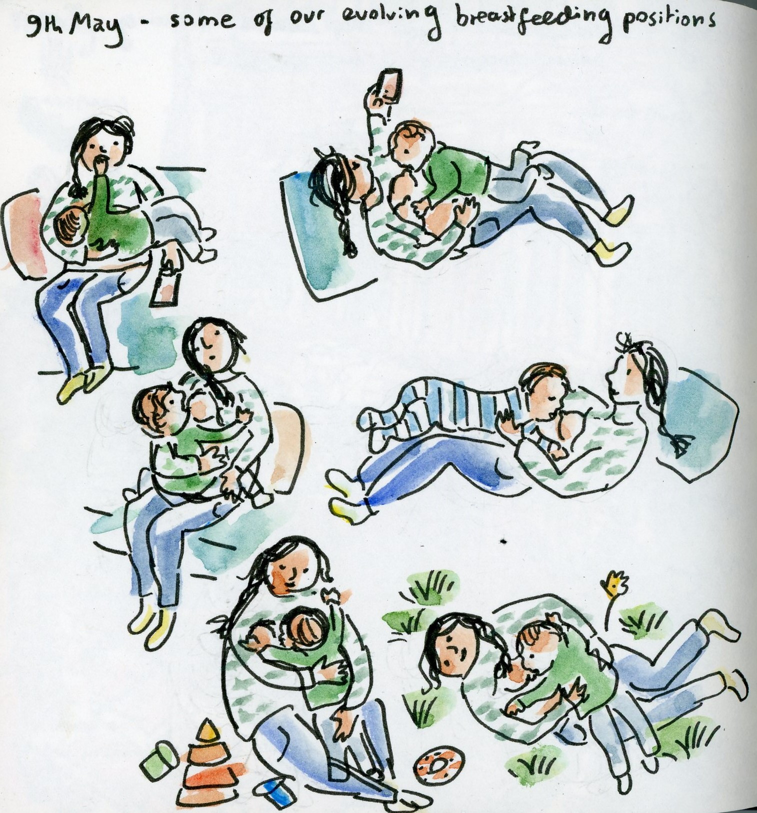 Sketches of evolving breastfeeding positions - sitting in my lap, standing up, lying in the grass