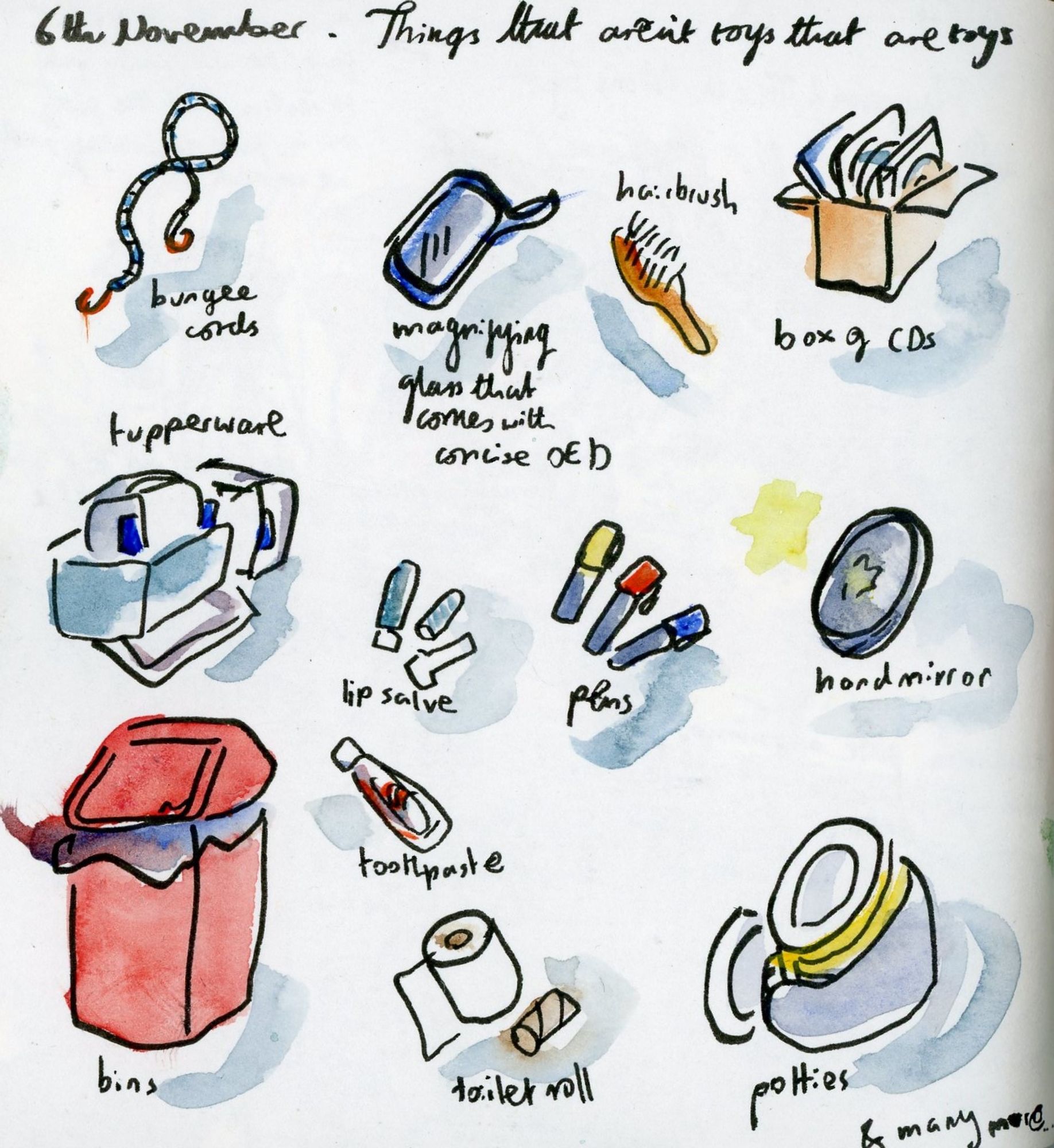 Sketches of things that aren't toys that are toys, such as bungee cords, toothpaste, toilet roll, magnifying glass that comes with concise OED