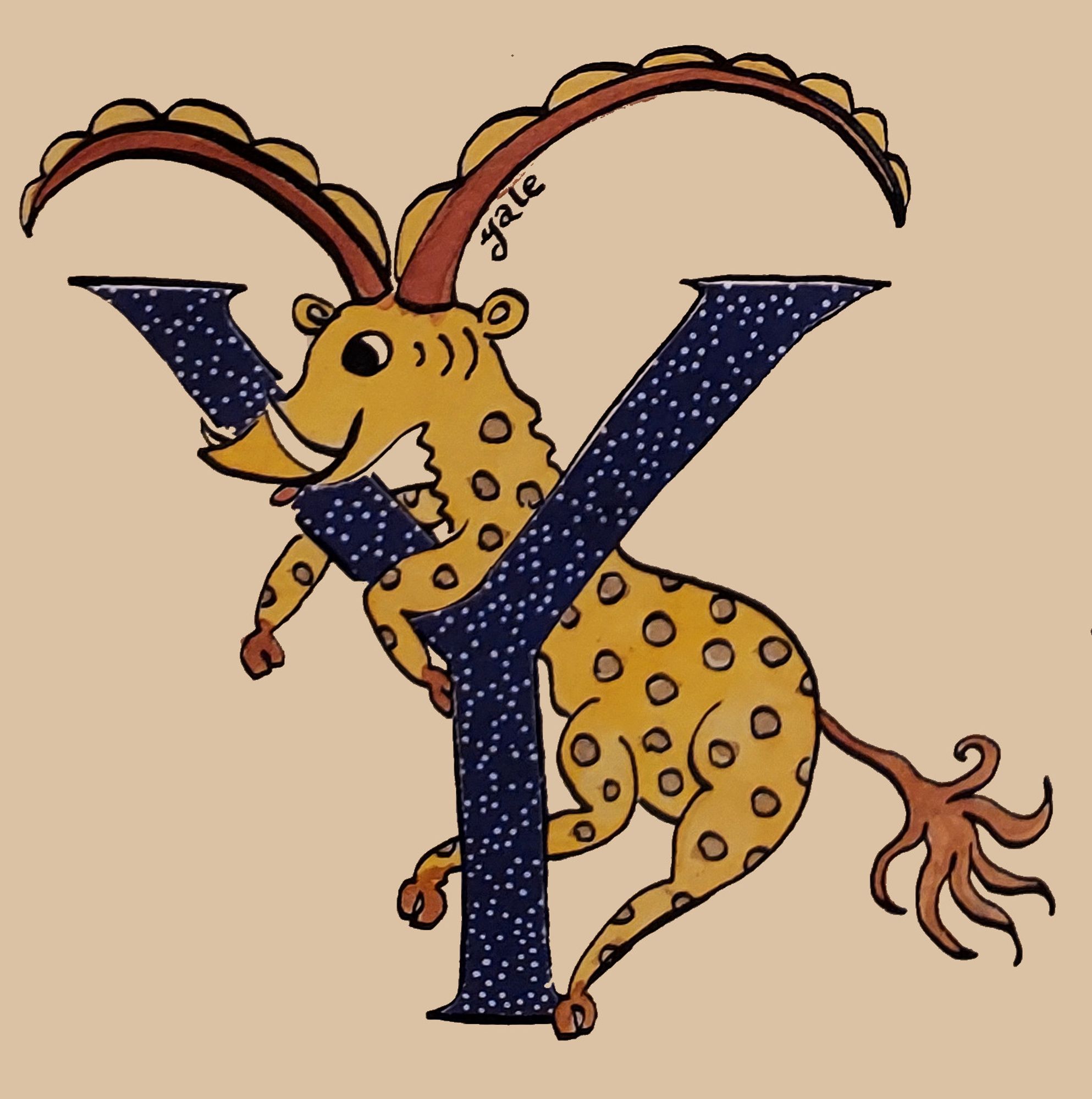 A drawing of a dark blue letter Y, on which leans a yellow yale (a heraldic antelope-like beast with spots, tusks, and large horns)