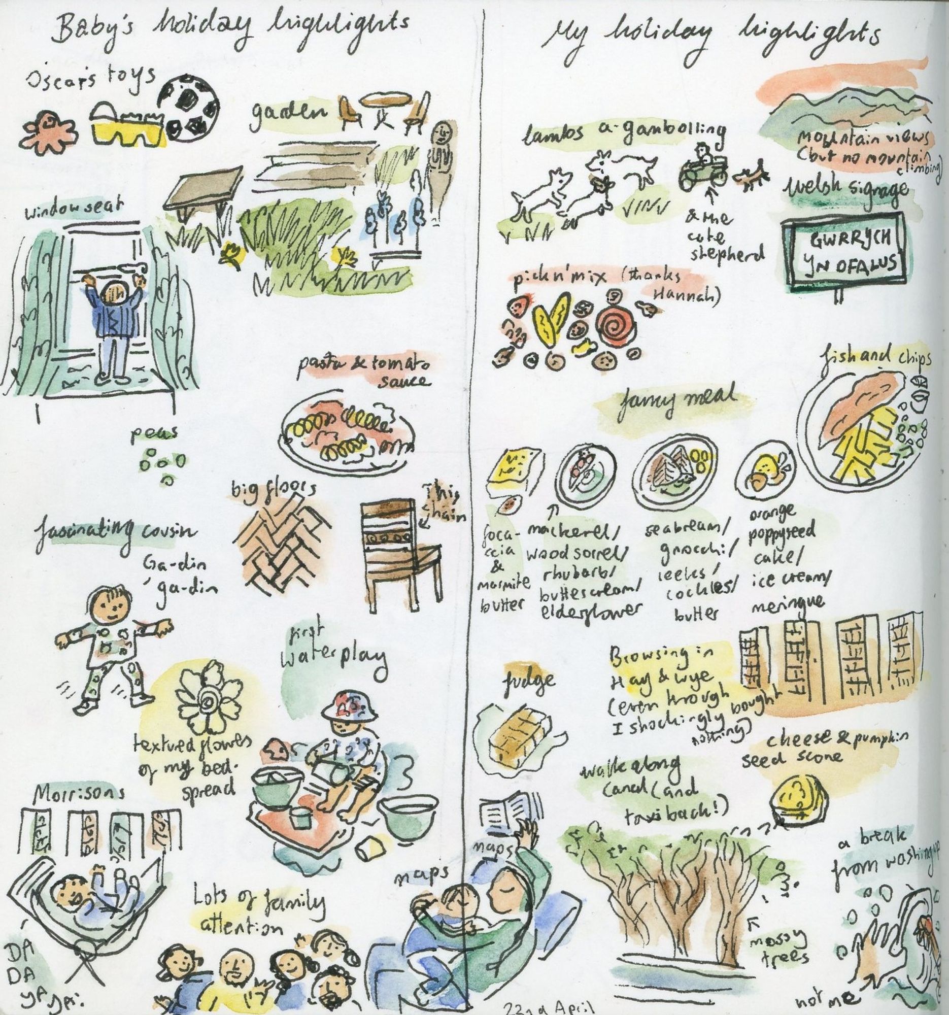 Sketch of baby's holiday highlights (peas, window seat, big floors, water play, naps) and mine (lambs, pick n mix, Welsh signage, fancy meal, break from washing up, naps)