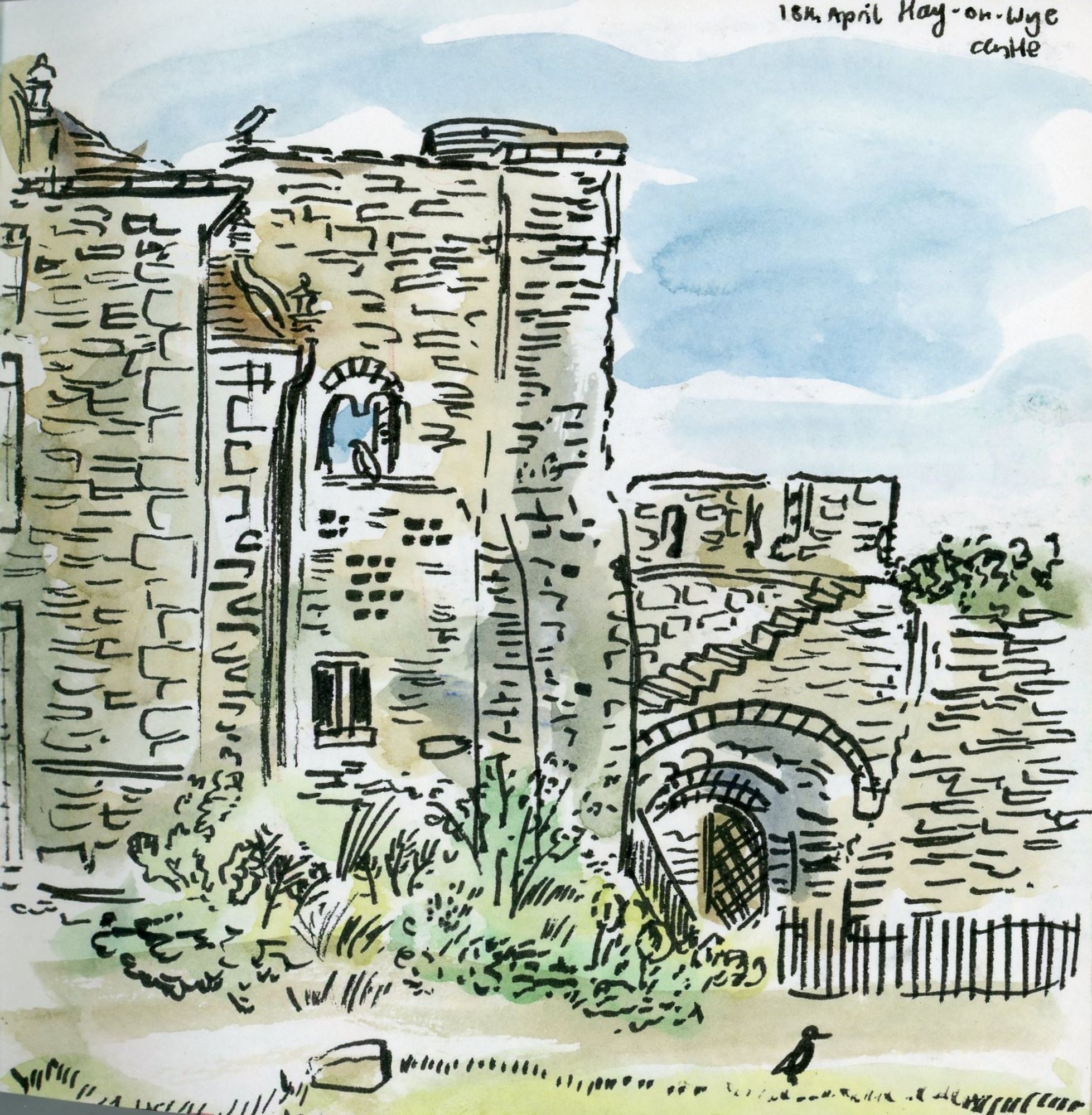 A sketch of Hay on Wye castle - some wall and an archway, with various pigeons and crows pecking around