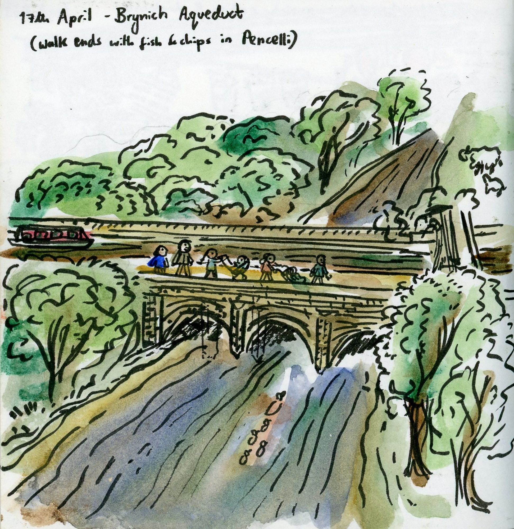 A sketch of the family (5 adults, 2 babies) walking across Brynich aqueduct - a canal that crosses another canal on a bridge!