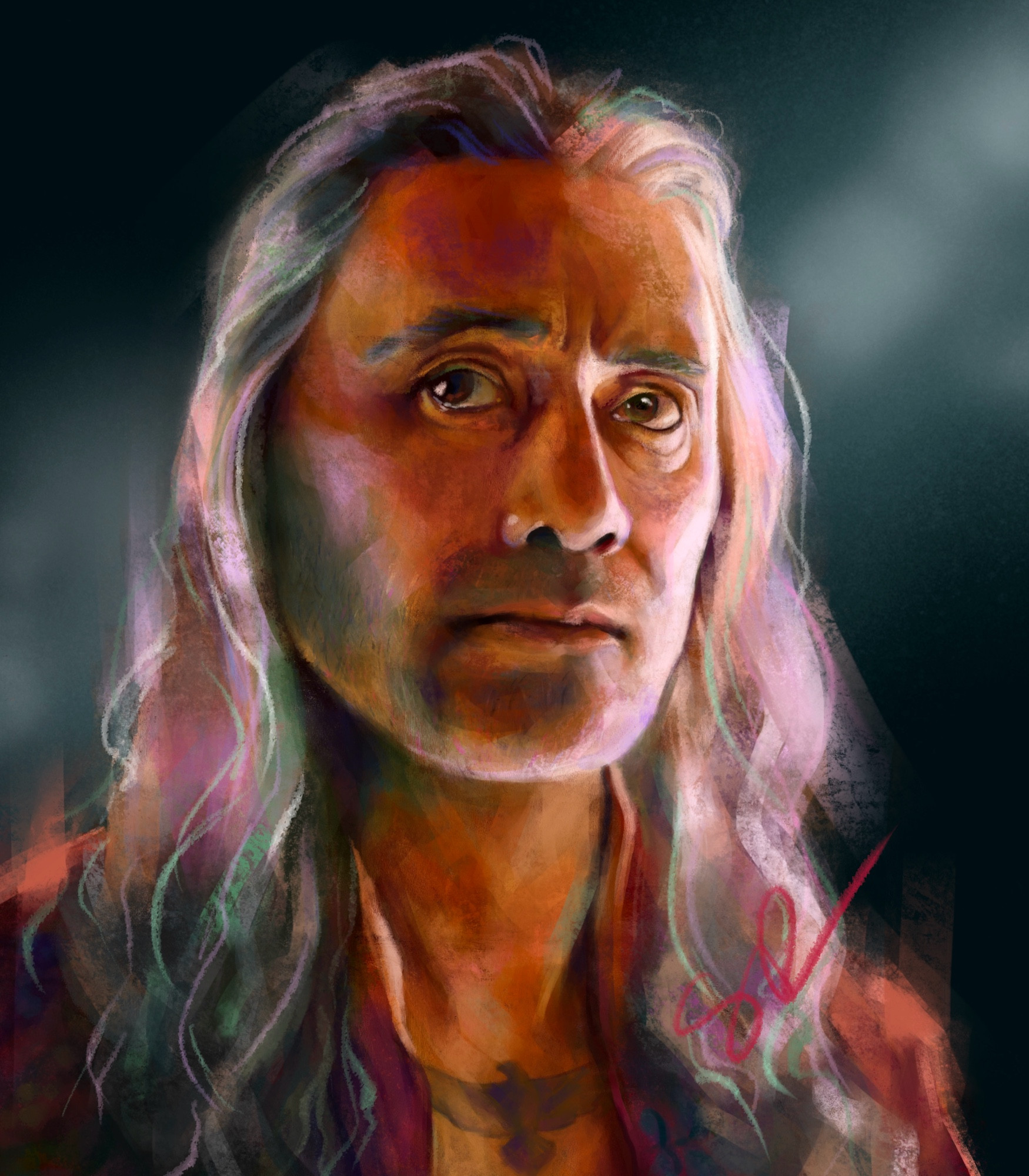 Digital painting of Ed Teach from our flag means death. Hair long and loose, beard shaved, wearing the depression robe. He’s looking right at the viewer 