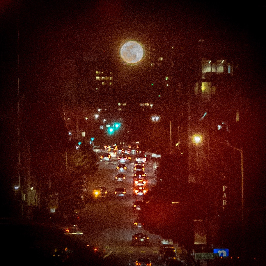 The full moon rising over Bush Street in San Francisco, on Saturday February 24th 2024