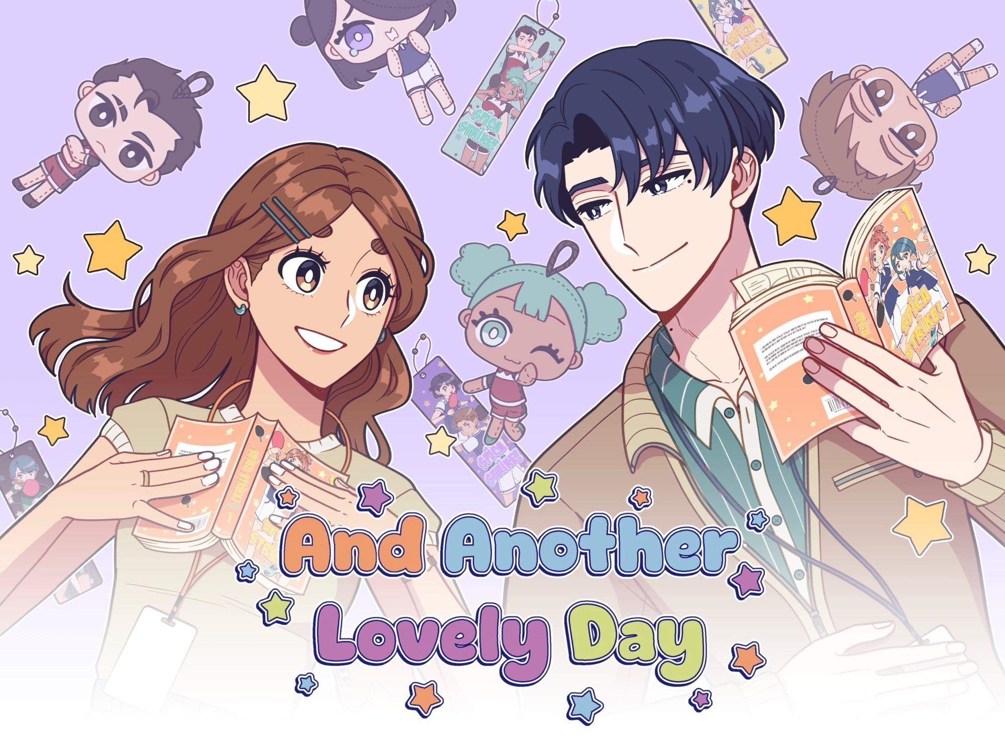 A digital illustration for the webcomic And Another Lovely Day.  Nora, a brown-haired woman, and Elliot, a blue-haired man, smile at each other while holding copies of the same comic book.  In the background are bookmarks and dolls of characters in the comic book series, and stars.