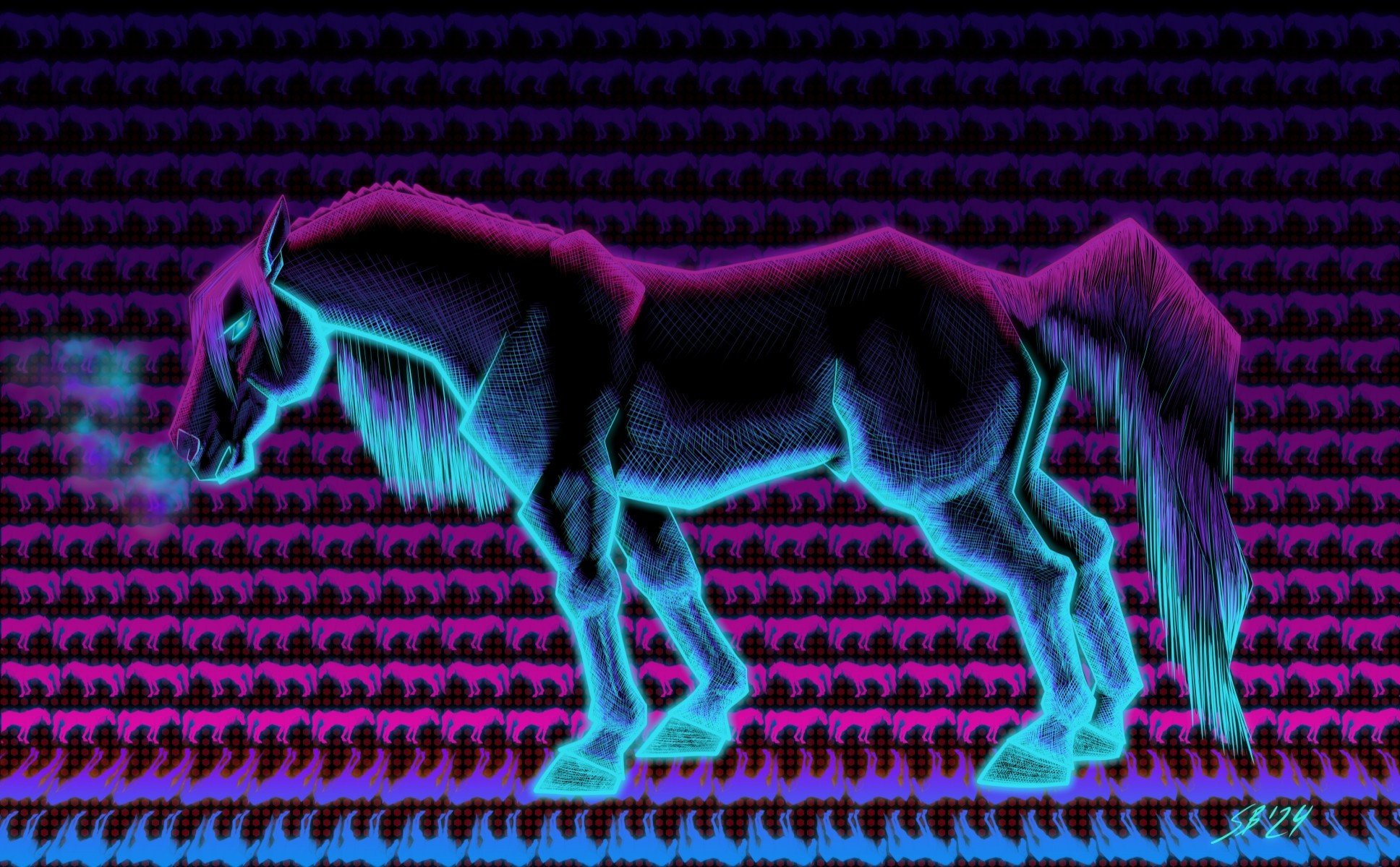 A digital drawing of a horse shaded using blue and purple cross hatching. The background is a repeating pattern of the horse's silhouette in miniature.