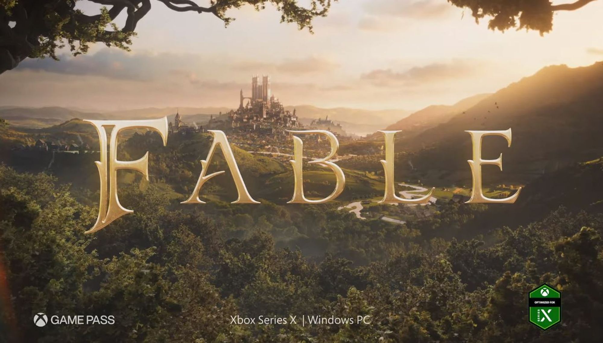 Fable logo against a fairytale landscape