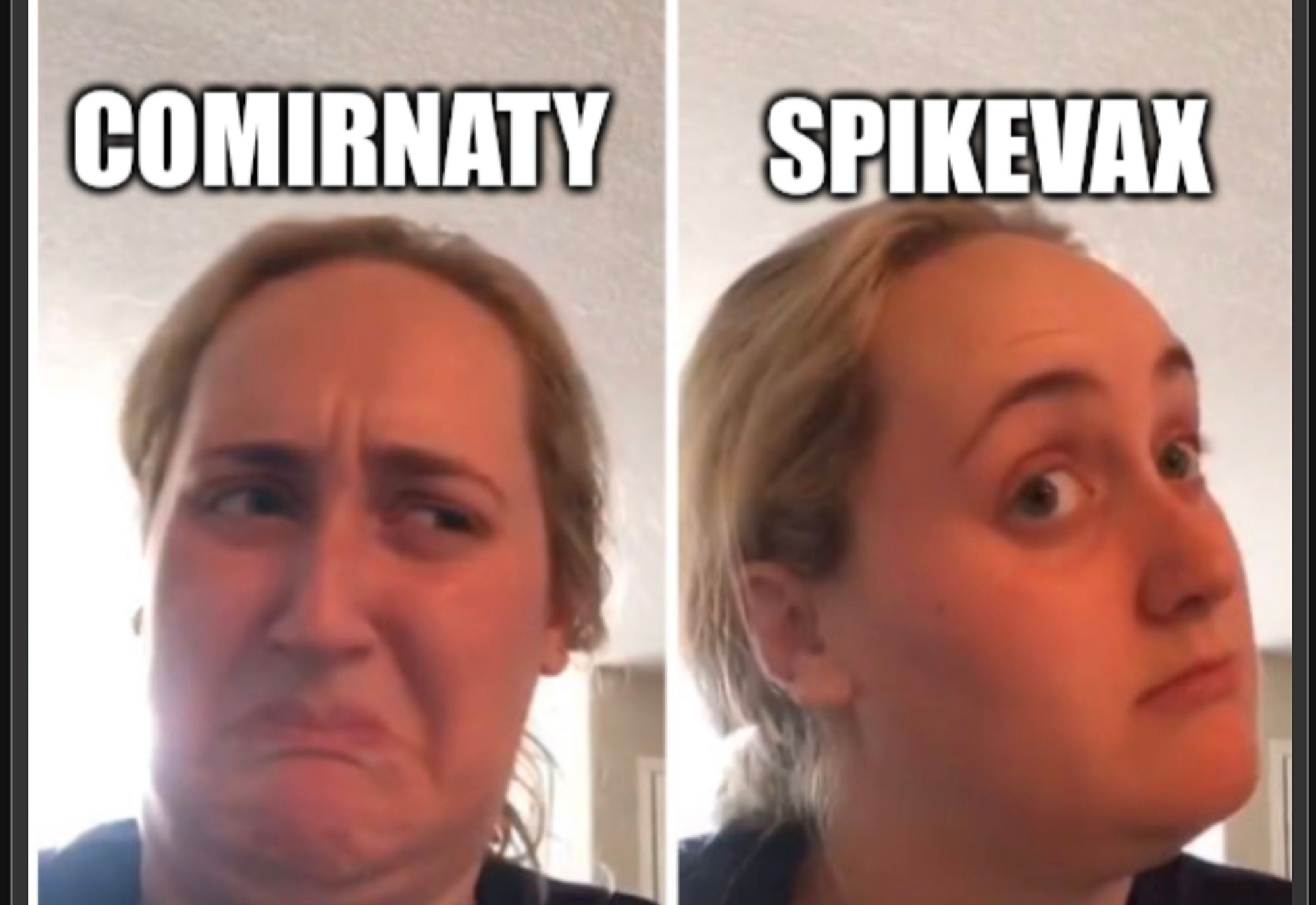 Kombucha girl meme making the ick face with comirnaty and the good face with spikevax