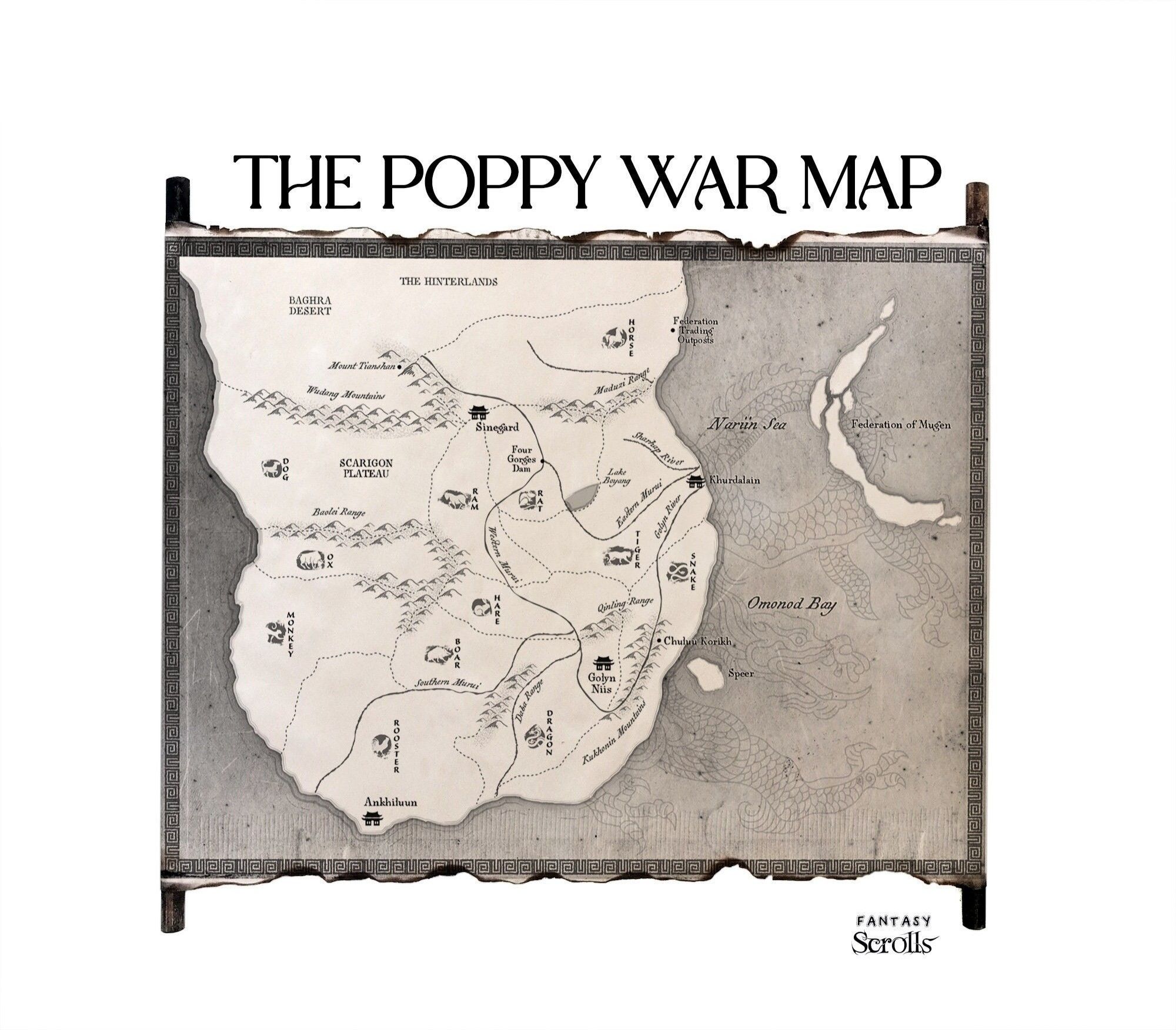 A black and white map from "the poppy war" a large peninsula.