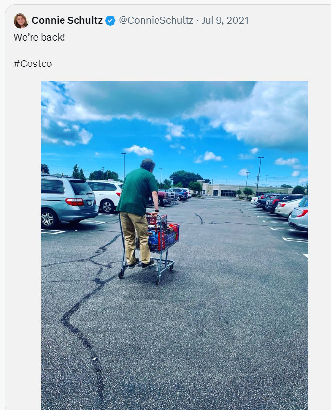 Tweet from Connie Schultz showing Sherrod Brown cart surfing in the Costco Parking lot, likely the Mayfield Heights location