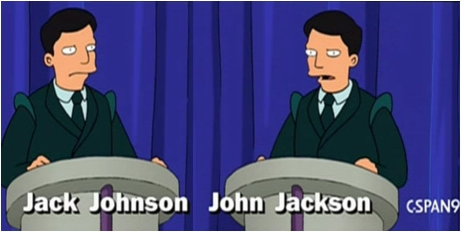 A screen grab from Futurama showing two white dudes in suits John Jackson and Jack Johnson