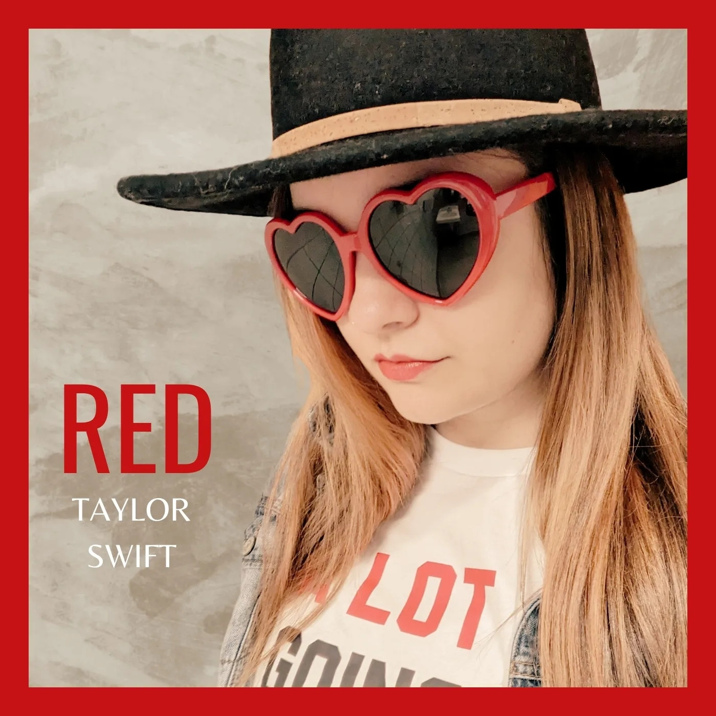 An image of a woman with heart glasses, a black fedora hat and a shirt that says "a lot going on at the moment" edited to look like an album cover (red by Taylor swift)