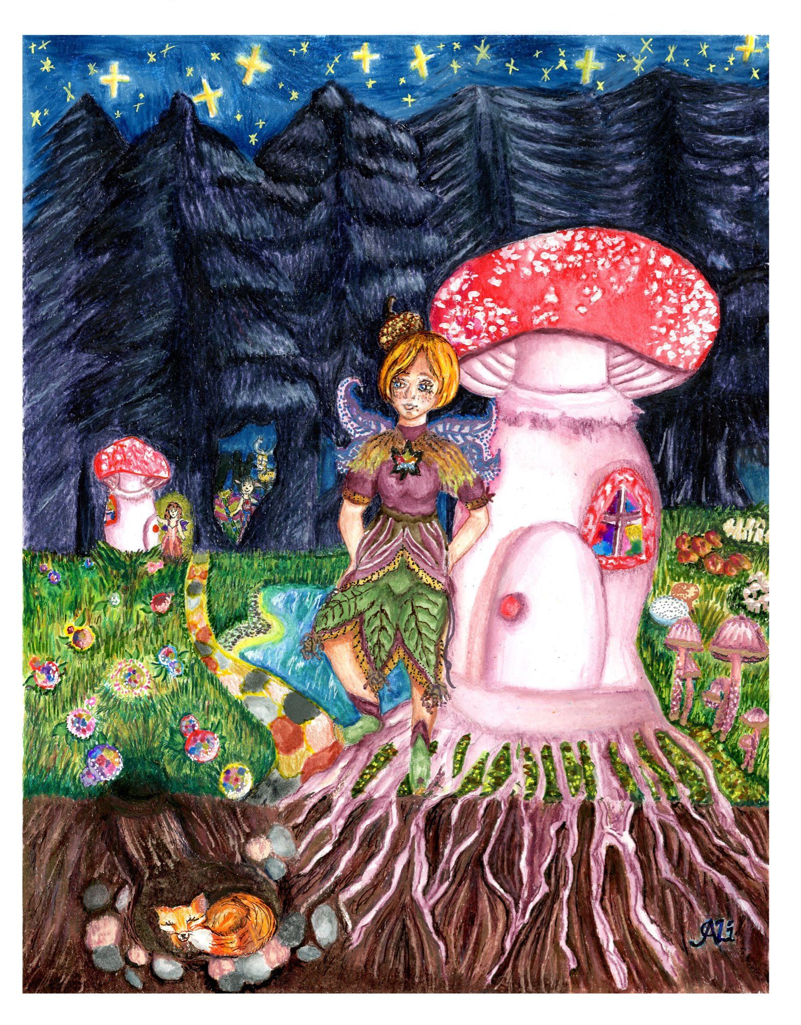 In the enchanted woods there is a Mushroom village and one of its residents is Tilia. She makes potions and food with the shrooms and fairy berries that surround her. She stands by her toadstool house to watch out for hawks and owls and to greet visitors. Made on 11”x14” Artist Loft level 3 professional mixed media paper.
Here are the mediums I used:


Colored Pencils:
-Caran D’Ache luminance
-Holbein Artists Colored Pencils
-Faber Castell Polychromos & Pitt Oil Base
-Tombow Irojiten
-Derwent lightfast


Pens & Finliners:
-Micron pens
-Uni Ball pens (Signo, One, Airsoft)
-Gelly Rolls
-Akashiya Fude brush pen sai thin line


Water Soluble Crayons & Pencil, etc:
-Caran D’Ache Neocolor ll
-Caran D’Ache Supracolor ll
-Caran D’Ache Museum Aquarelle
-ArtGraf Watercolor Graphite
-Brusho crystal color


Watercolors & Inks:
-Deleter White
-Kuretake Gansai Tambi
-iuile handmade watercolors
-Daniel Smith watercolors

Markers:
-Kuretake Brushables
-Molotow one4all
-Faber Castell Pitt Artists