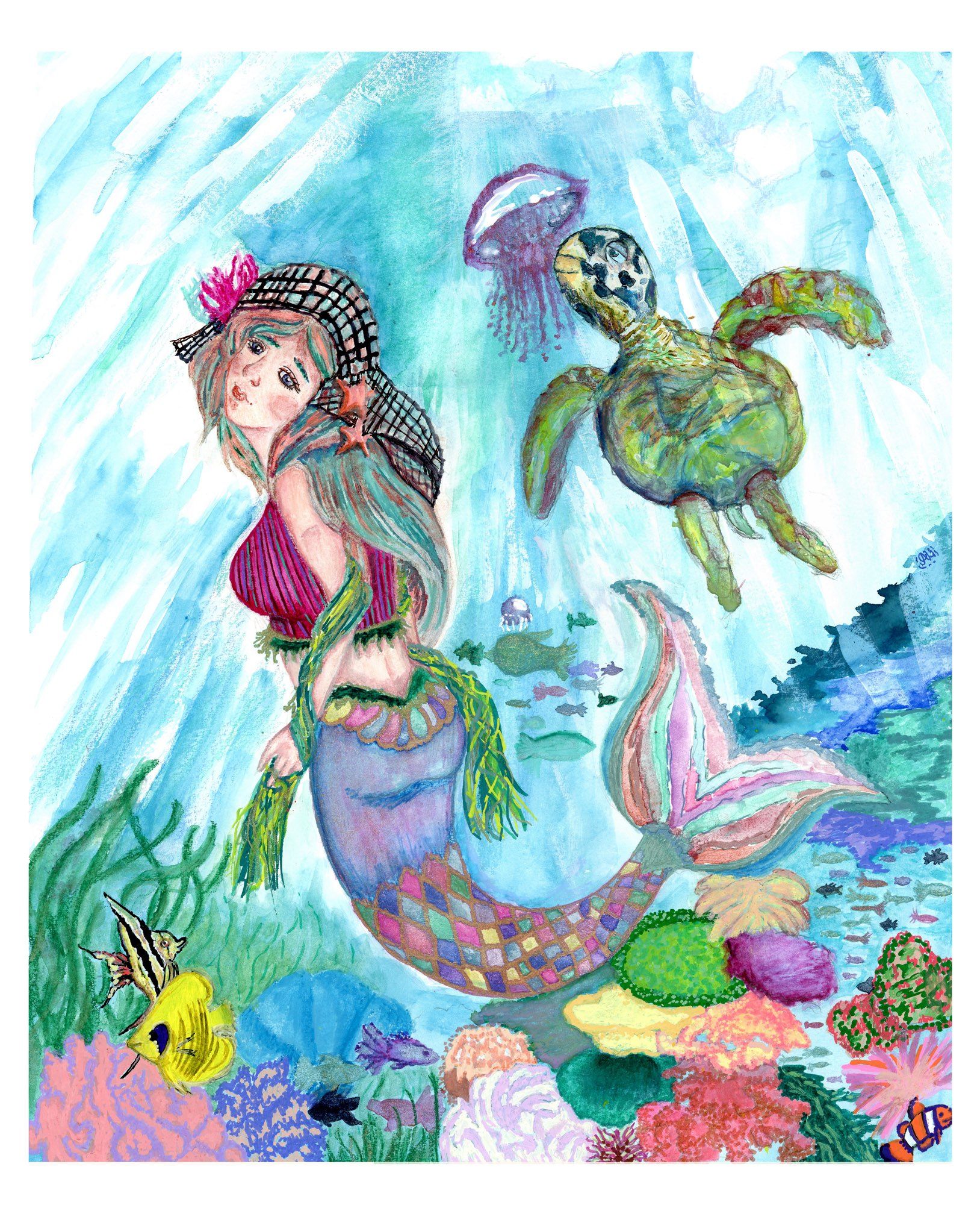 A mermaid I created named Coralia. The Great Barrier Reef in Australia was my inspiration for the setting. Done on 14x17” Fabriano Bristol vellum. Here are the mediums I used:
Watercolors 
-Rusee watercolors 
-Iuile watercolors 
-Agallo colors watercolors 
-Oto Kano watercolors 
-Rose ď Abeille watercolors 
-Dark Bee Handmade Watercolors
-MostlyFeralArts watercolors 
-Qor Watercolors
-Mungyo Professional Watercolors 
Watersoluble Mediums
-Caran D’Ache Museum Aquarelle
-Caran D’Ache Neocolor ll
-Caran D’Ache Supracolor
-Caran D’Ache Fibralo
-Windsor & Newton Procolor Marker
Pens & Fine liners
-Gelly Rolls
-Uni Ball (signo,one,etc)
-Juice up Pilot
Markers 
-Molotow One4All
-Faber Castell Pitt Artists Pens
- Decocolor Marvy/uchida
-Staedtler Pigment brush pens
-Kuretake Zig Brushables 
Inks
-Ferris Wheel Press
-Deleter white ink