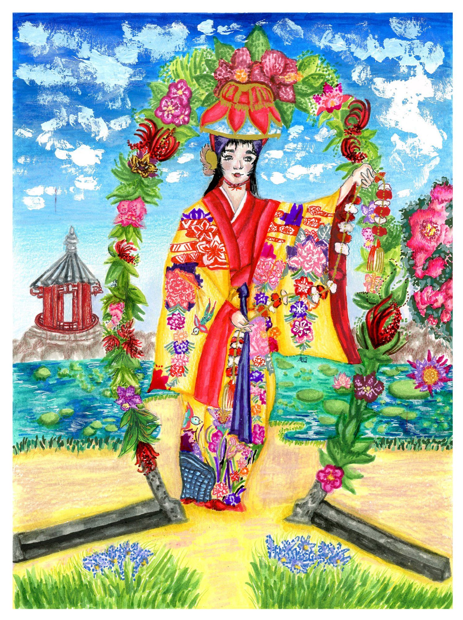 My latest illustration. This character I created name is Uehara Sachiko and she is from Okinawa (formally known as the Ryukyu Kingdom. She is a Onnaodori (female dancer) and is wearing a Bingata (Ryukyuan kimono). Done on 9x12  Fabriano Bristol Vellum paper. Mediums used:


Markers:
-Staedtler pigment brush pens
-Kuretake Zig (Brushables,Clean Color Dot)
-Molotow One4All
-Faber Castell Pitt brush pens
-1 Marvy/Uchida decocolor marker

Pens & Finliners:
-Uni ball (Signo, One, etc..)
-Gelly Rolls
-Zebra Sarasa Clip
-Pilot Juice Up
-Akashiya Fude brush pen sai thin line
-Karin Decogel
-Tombow Fudenosuke

Colored Pencils:
-Holbein Artists’ Colored Pencils
-Caran D’Ache Luminance & Pablo
-Tombow Irojiten
-Faber Castell Polychromos

Inks:
-White deleter ink
-Distress Oxide ink pad