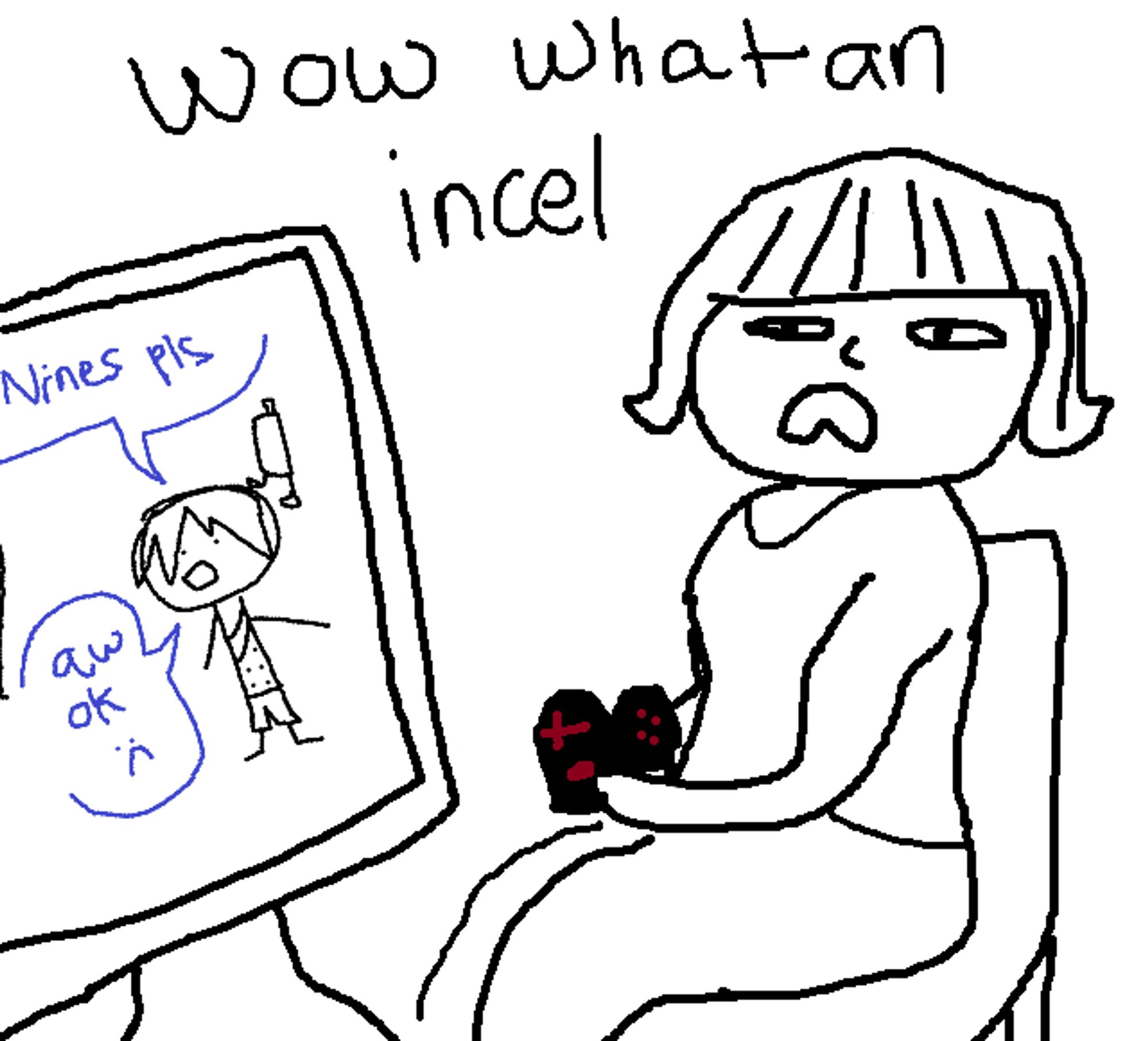 Picture of terf bangs lady holding a controller looking at the previous post on a tv screen. She says "wow what an incel"