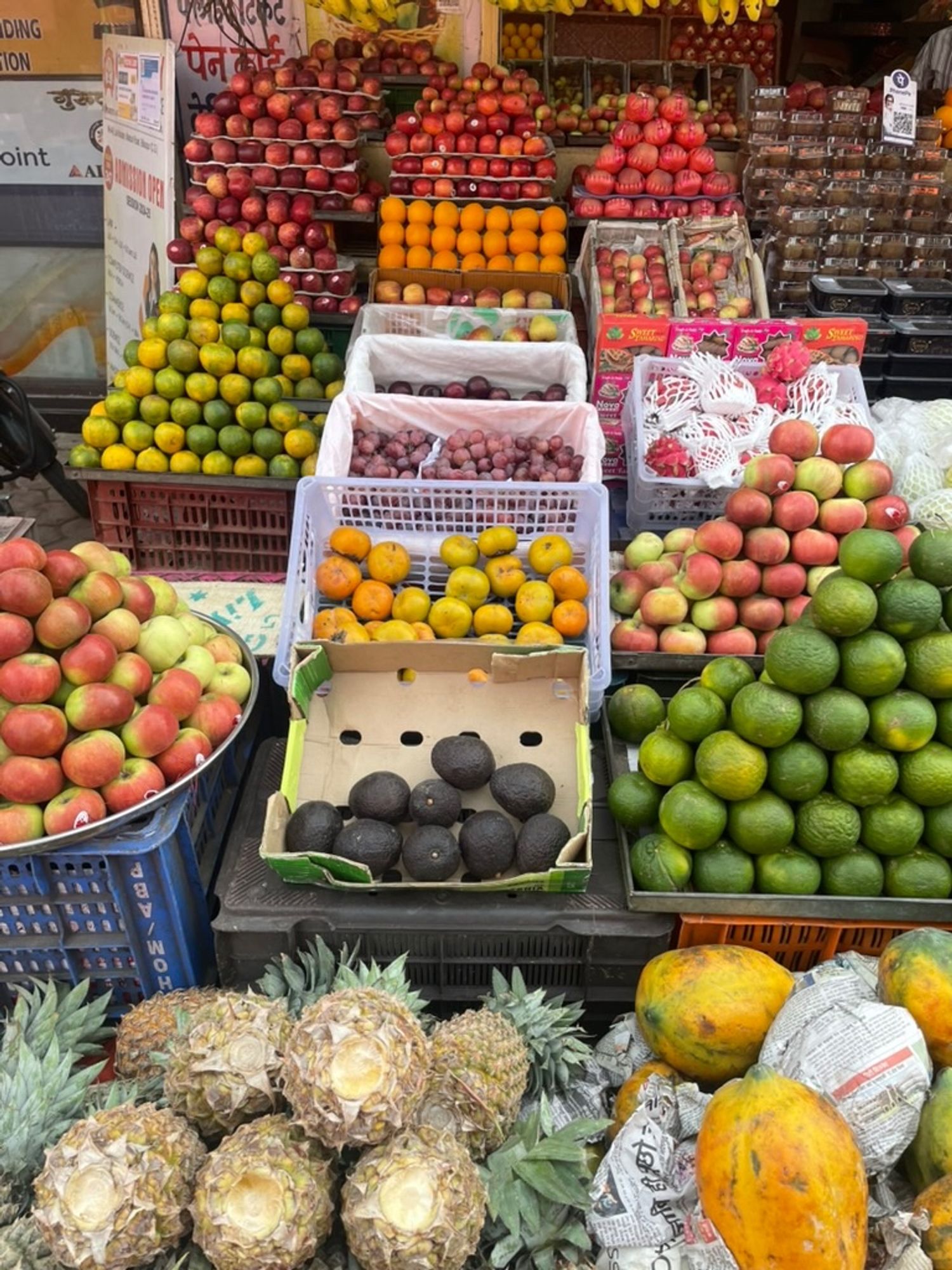 Fruit shop with usual fruits (pineapple, apple, papaya) and avocados.