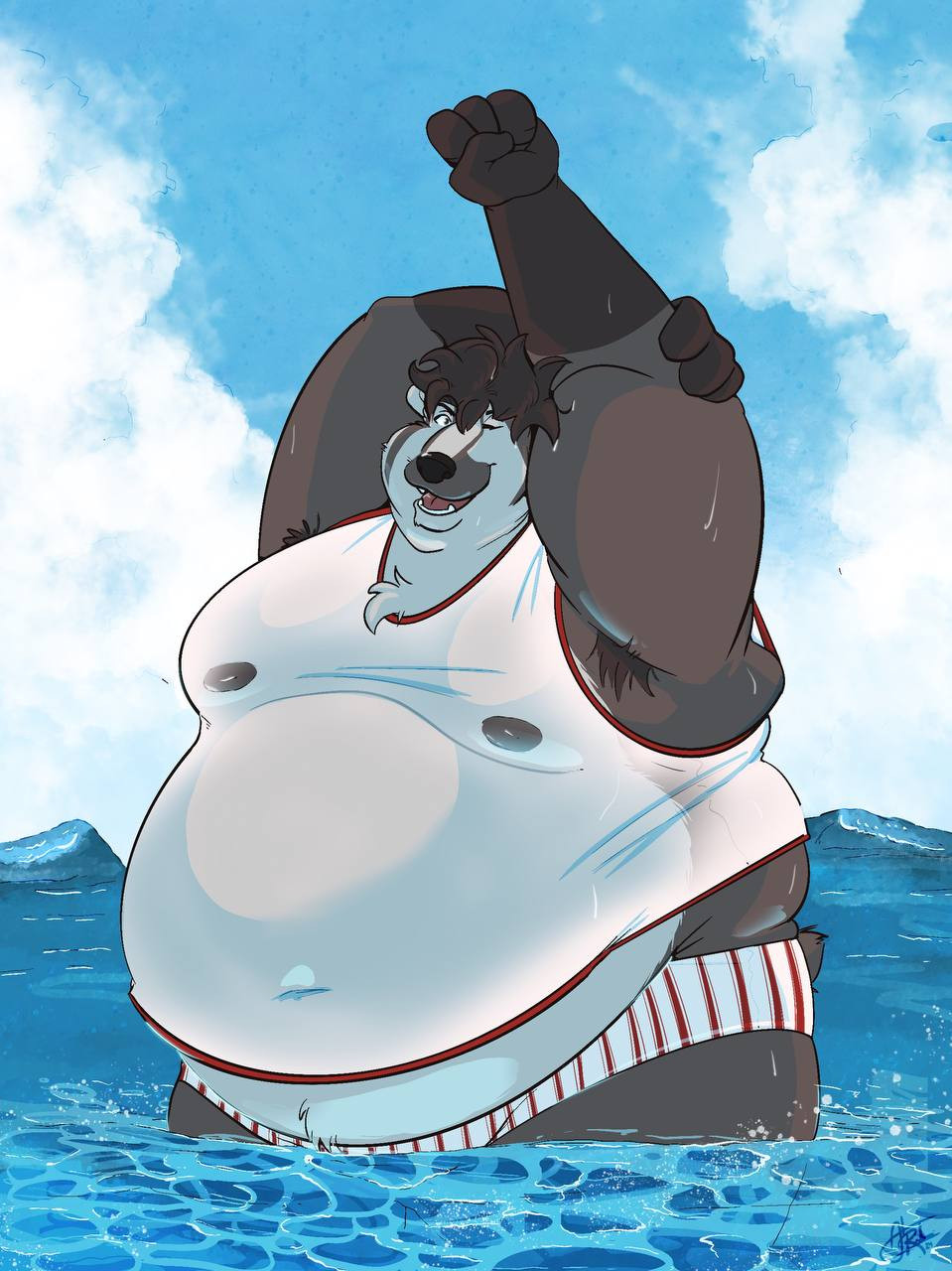 Big fat badger in a see through wet tank top is wearin' a candy striped speedo that leaves little to the imagination