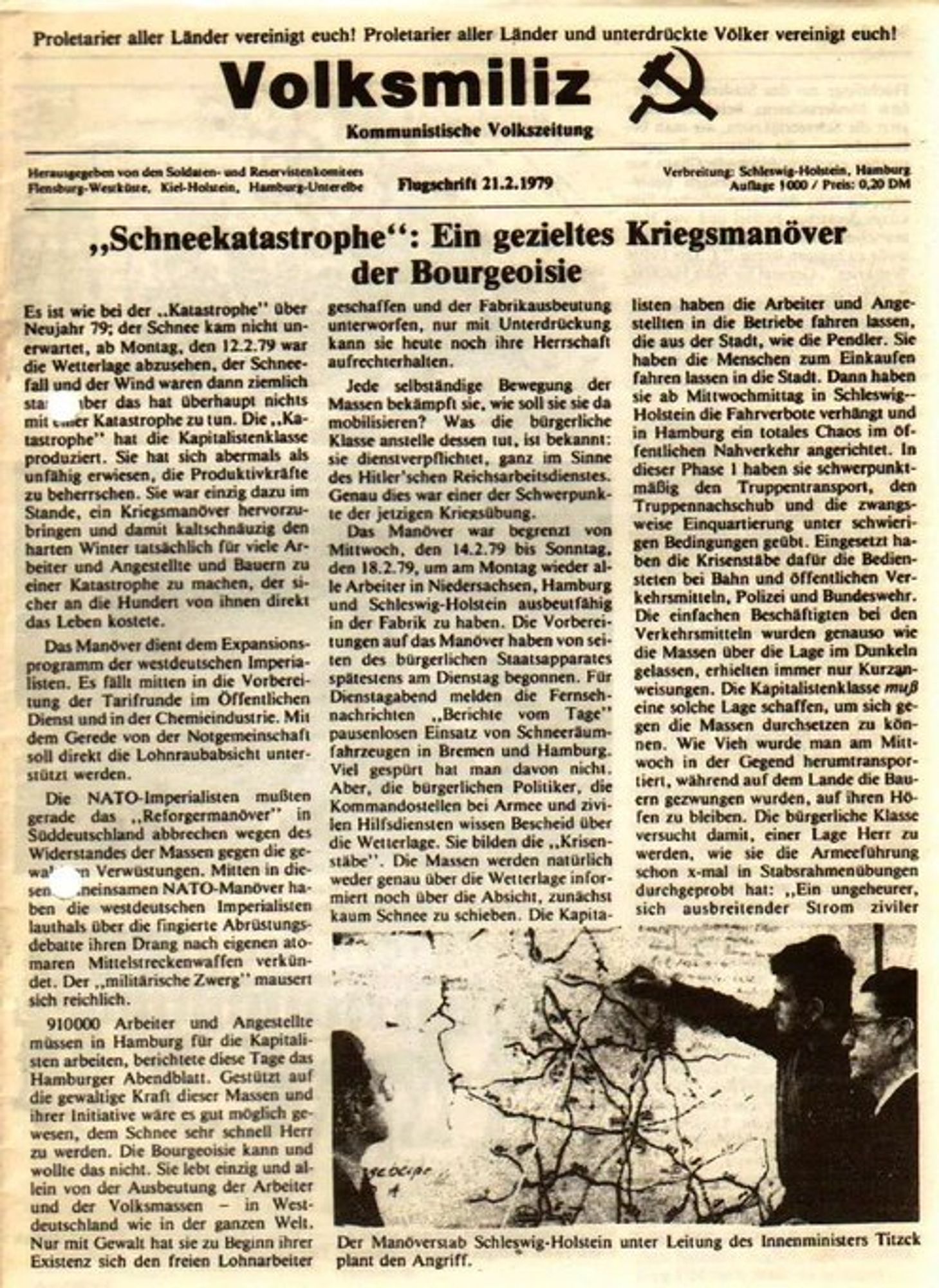 Scan des Artikels aus der "Volksmiliz" mit dem Titel: "Schneekatastrophe": Ein gezieltes Kriegsmanöver der Bourgeoisie.