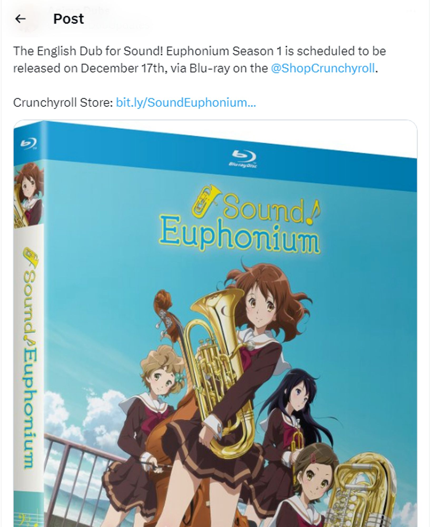 New English Dub for Sound! Euphonium releases Dec 17, 2024; Crunchyroll now accepting Pre-Orders; picture is image of the box art/case.