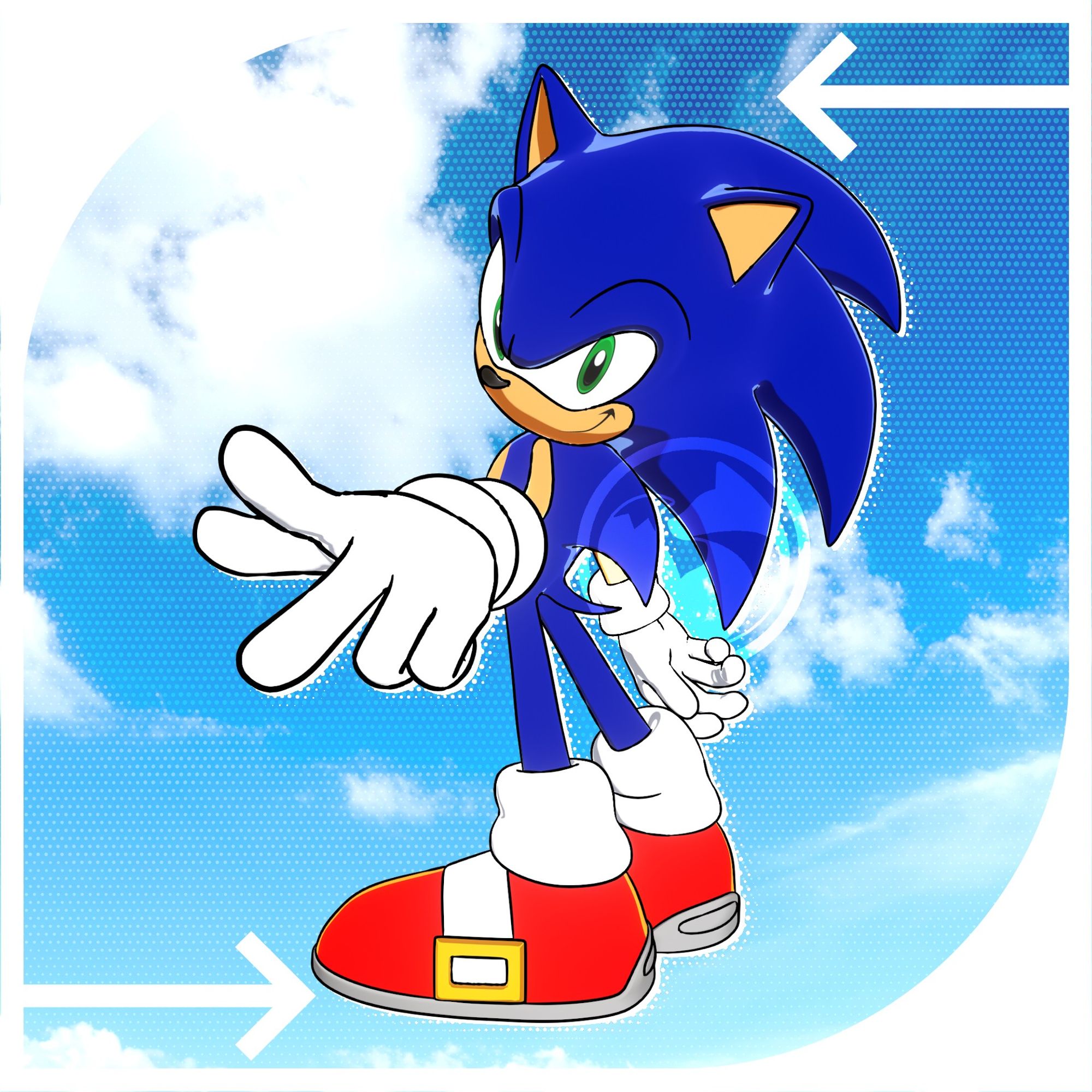 Sonic cockily pointing at the viewer with a smug grin, against a blue sky background with white shapes and arrows.