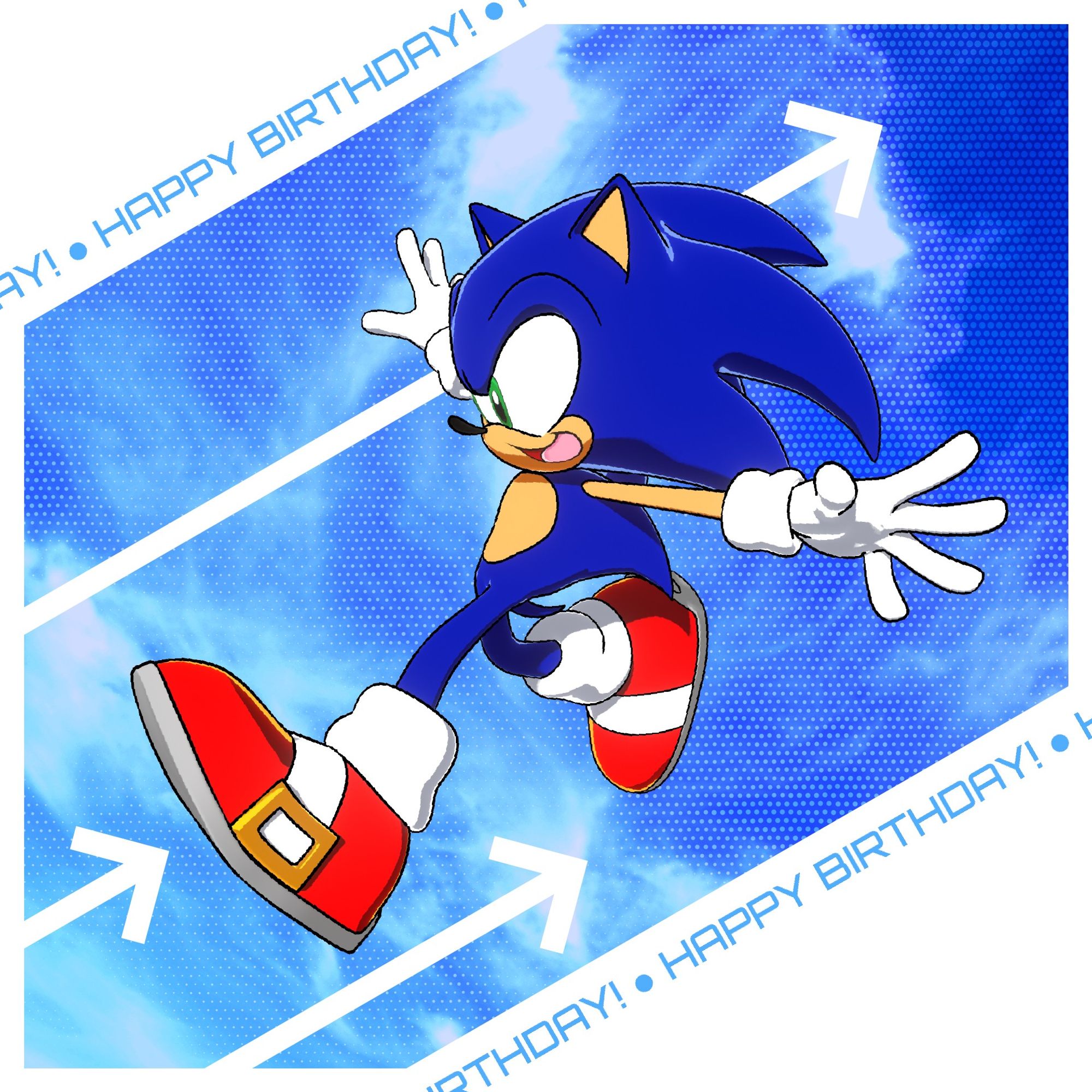 Sonic leaping through the air with a smile on his face, against a blue sky background with white shapes and arrows, and text going across saying "HAPPY BIRTHDAY!" Originally made for the Sonic series' 33rd anniversary.