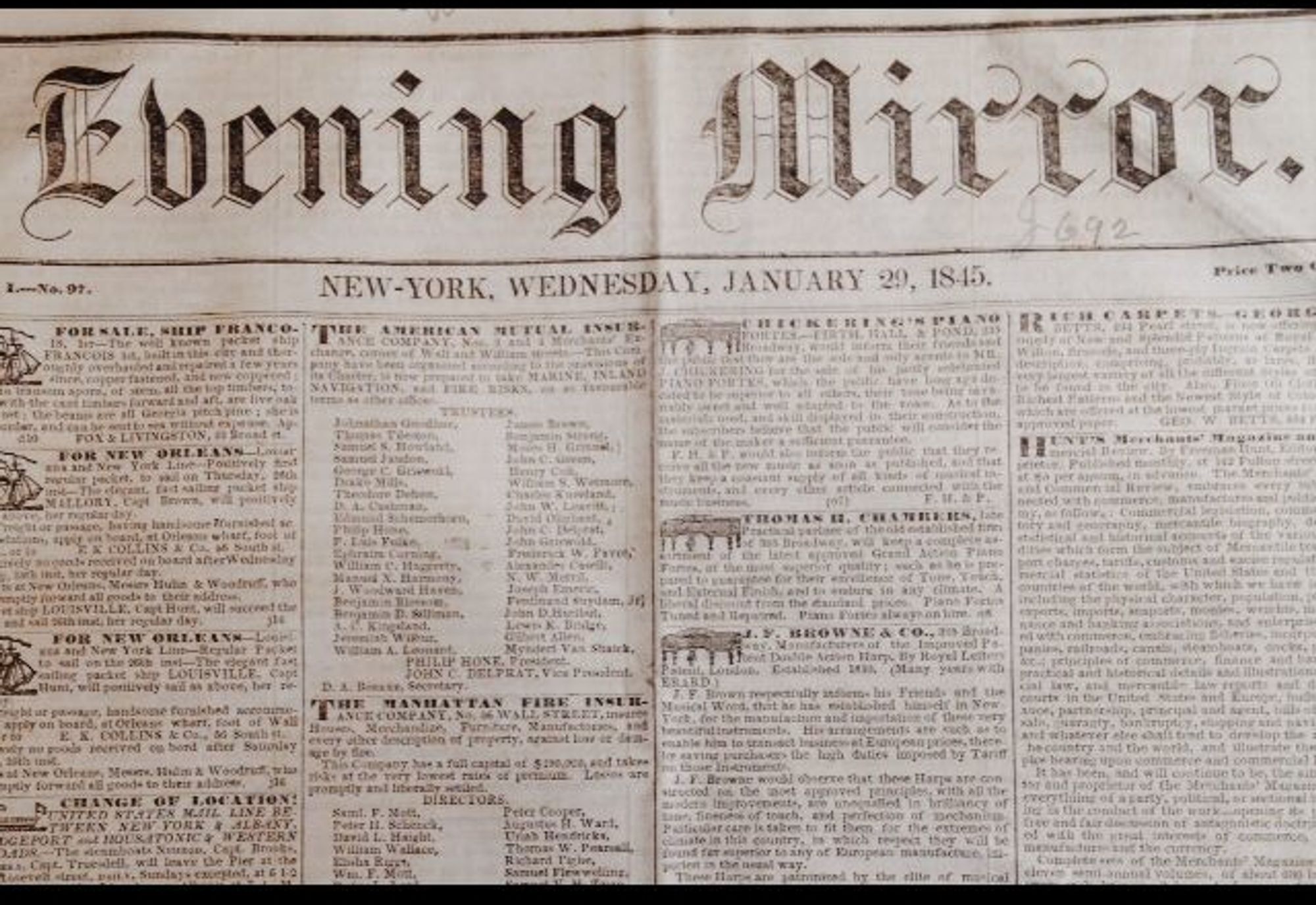 Seite 1 des Evening Mirror vom 29. Januar 1845 