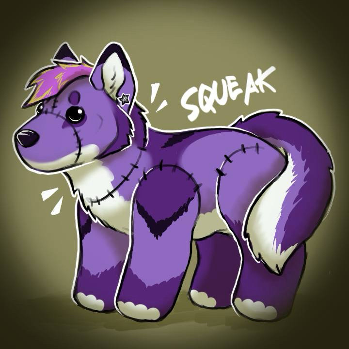 Plush animal of a purple fox with various markings.