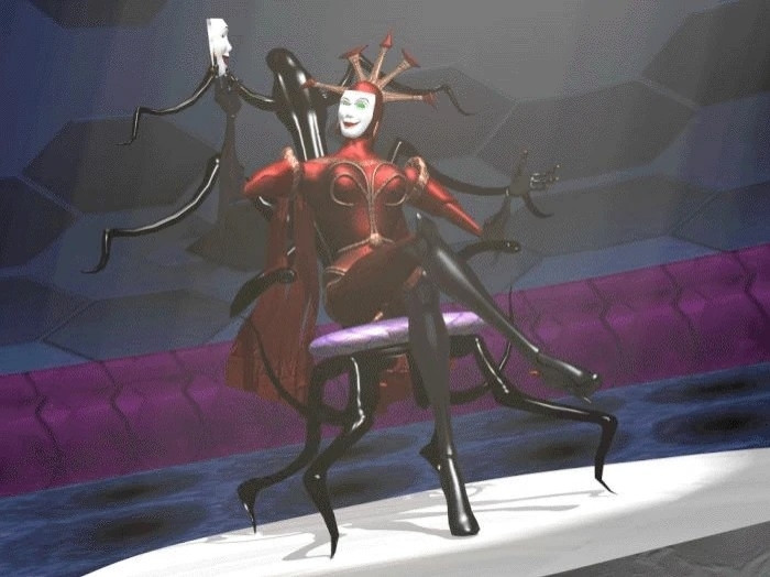 Hexadecimal sitting in her throne, holding up a mask and looking at it