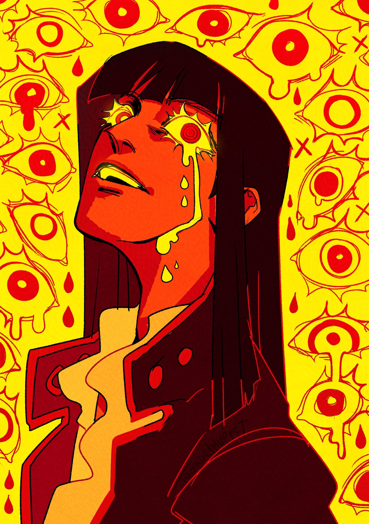 an illustration with a limited red/yellow color palette. robin weeping, a blank sort of grief and rage on her face, the brightness of fury, as if white hot

sketches of eyes behind her in the background, wide, in tears, all-seeing of the horrors and committing them to memory 