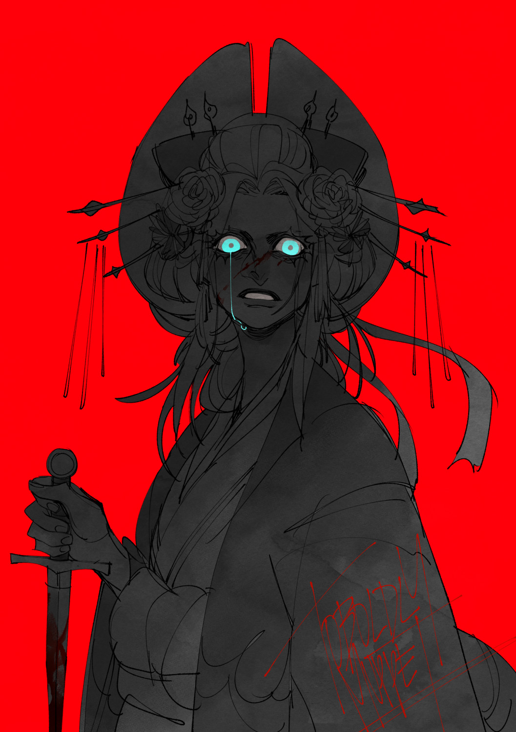 an illustration of komurasaki, she's in shadow and grayscaled with a bright red backdrop, her silhouette stands strong, in her grip is a bloodied dagger, her bright blue eyes are bright, a tear streams from her right eye, there's fury and rage in her gaze. 

this is what would've happened had komurasaki taken a blade to orochi and his monsters :)