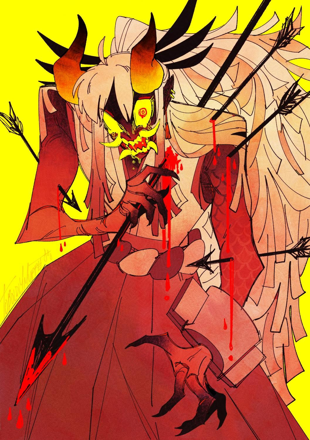 a heavily stylized yamato illustration, yamato's sporting large yellow eyes and teeth, snarling through the tears as he's riddled with arrows, a large black spear pierces through his heart