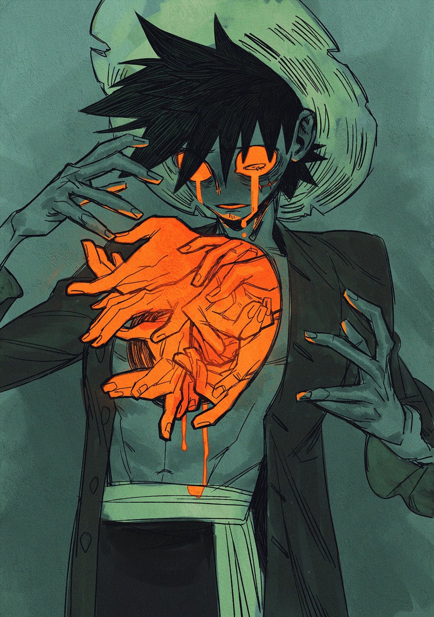 an illustration of luffy, the colors are garish, him and the background in shades of sickly green, his eyes glow orange as he cries, multiple hands, brightly colored and weeping, burst through his chest. it's reminiscent of ace's death, and all the other deaths luffy hadn't been able to prevent. it haunts him in ways he could never run from