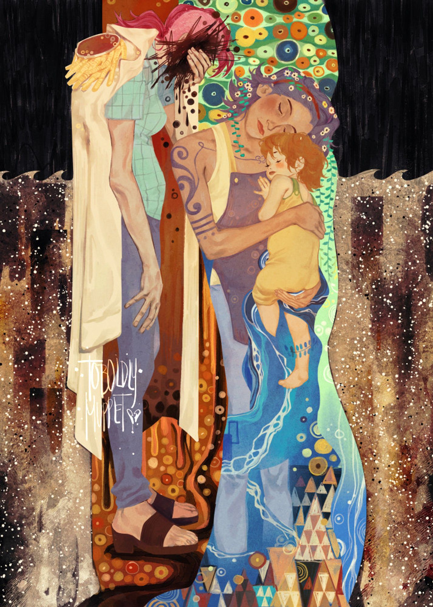 an illustration based on klimt's three ages of woman, as interpreted with nami, nojiko and bellemere

It's got abstract detailing surrounded the three. Nojiko as a young woman holds child Nami into her arms, both of them clinging to each other in comfort and contentment. Abstract waves and circles (reminiscent of orange bushes and clear skies) surround Nojiko's head, while Nami is blanketed by waves of the sea that fall across their legs in colorful joyous patterns. There's freedom and growth, brightness in their souls for the future that awaits them.

Behind them, to the left, Bellemere stands defeated, her marine coat on, her face obscured by her hand and scribbles, as if her face will fade with time. She's weeping, tears falling, blood, money, and flames form the abstract patterns at her feet. She laments the tragedy that will befall them, not for her sake but for her daughters, knowing that her place in their bright future will only be in memory.