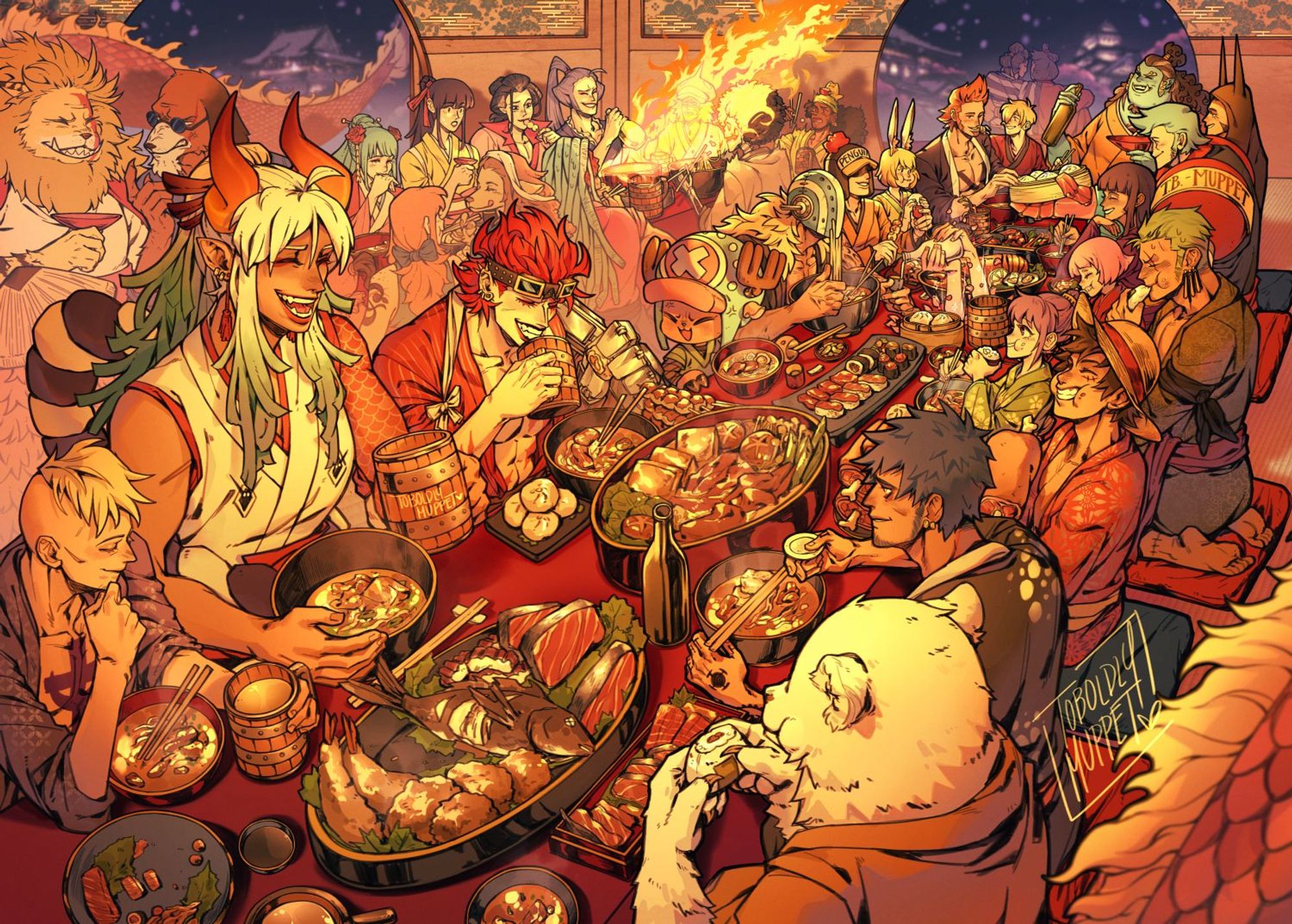 a two page illustration featuring the "good guys" from the Wano Arc celebrating in their victory alongside the Strawhats and their alliance

It's a japanese style banquet hall with warm lights overlooking the night celebration of the country outside. 

The back row has: Nekomamushi, Inuarashi, Hiyori, O-kiku, Izo, Denjiro, Sachi, Kawamatsu, Shinobu, Nami, Wanda, Heat, Brook and Usopp

Kin'emon and O-Tsuru are outside and watching the night's festivies

The foreground table has: Marco, Yamato, Kidd, Chopper, Killer, Penguin, Carrot, Drake, Sanji, Jinbei, Wire, Franky, Robin, Toko, Zoro, O-Tsuru Luffy, Law, and Bepo. Momonosuke's in the fore and background, having shifted from dragon to his "older" self off-screen.

There's bickering, hijinks, and no small amount of laughter as they celebrate their victory. There's a large banquet for them as they share. Outside, the night is dark but the lights are bright, there are stalls and food being passed around.