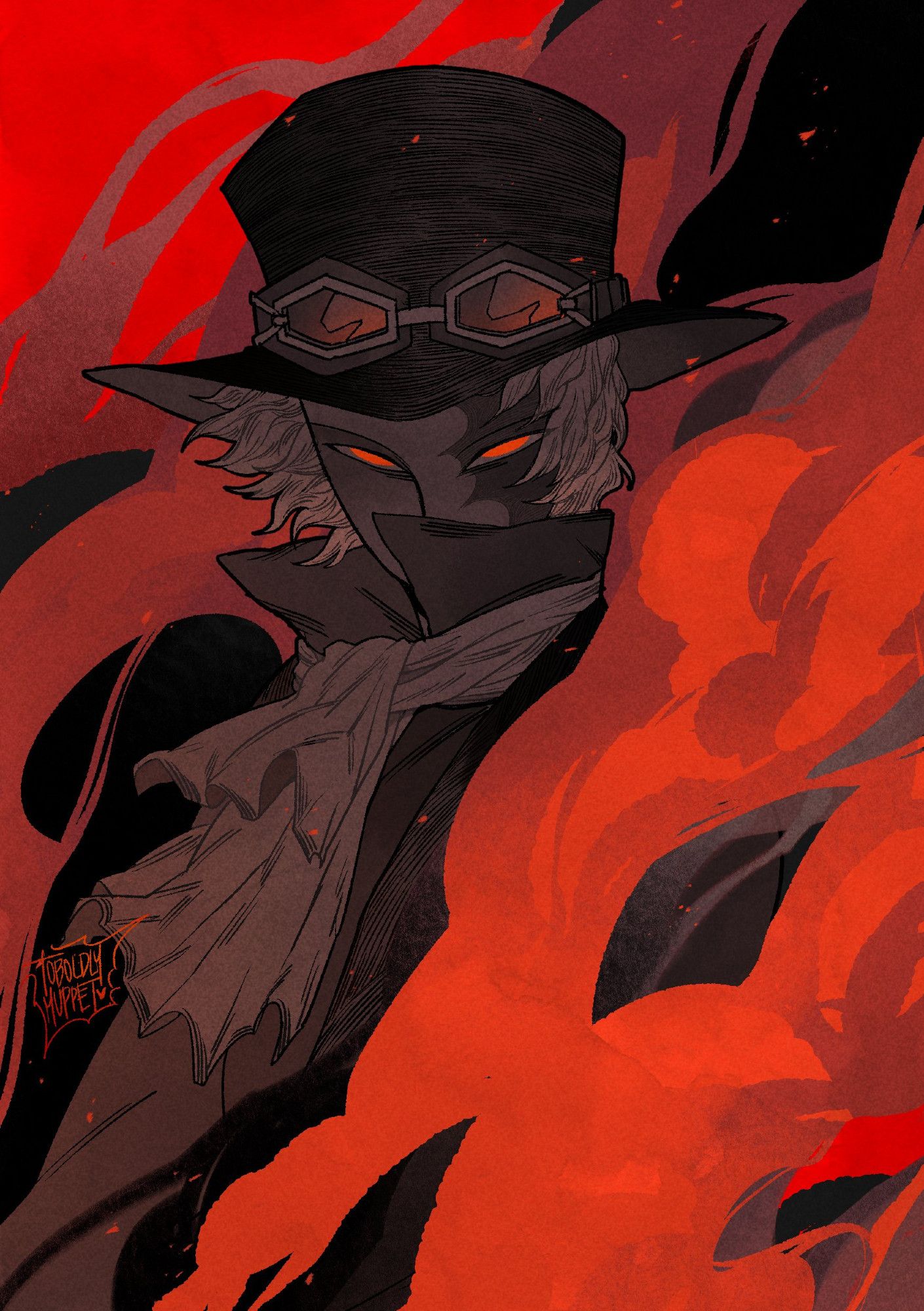 sabo, fucking unhinged and ready to burn the government, cast in shadow while flames, bright reds and oranges, surround him, it reflects in his narrowed eyes