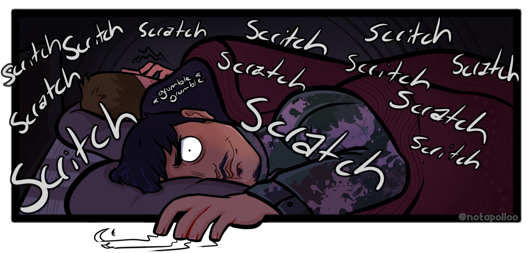 "scratch" sound effects fill the panel as könig scratches himself on the other side of the bed he and horangi are sharing