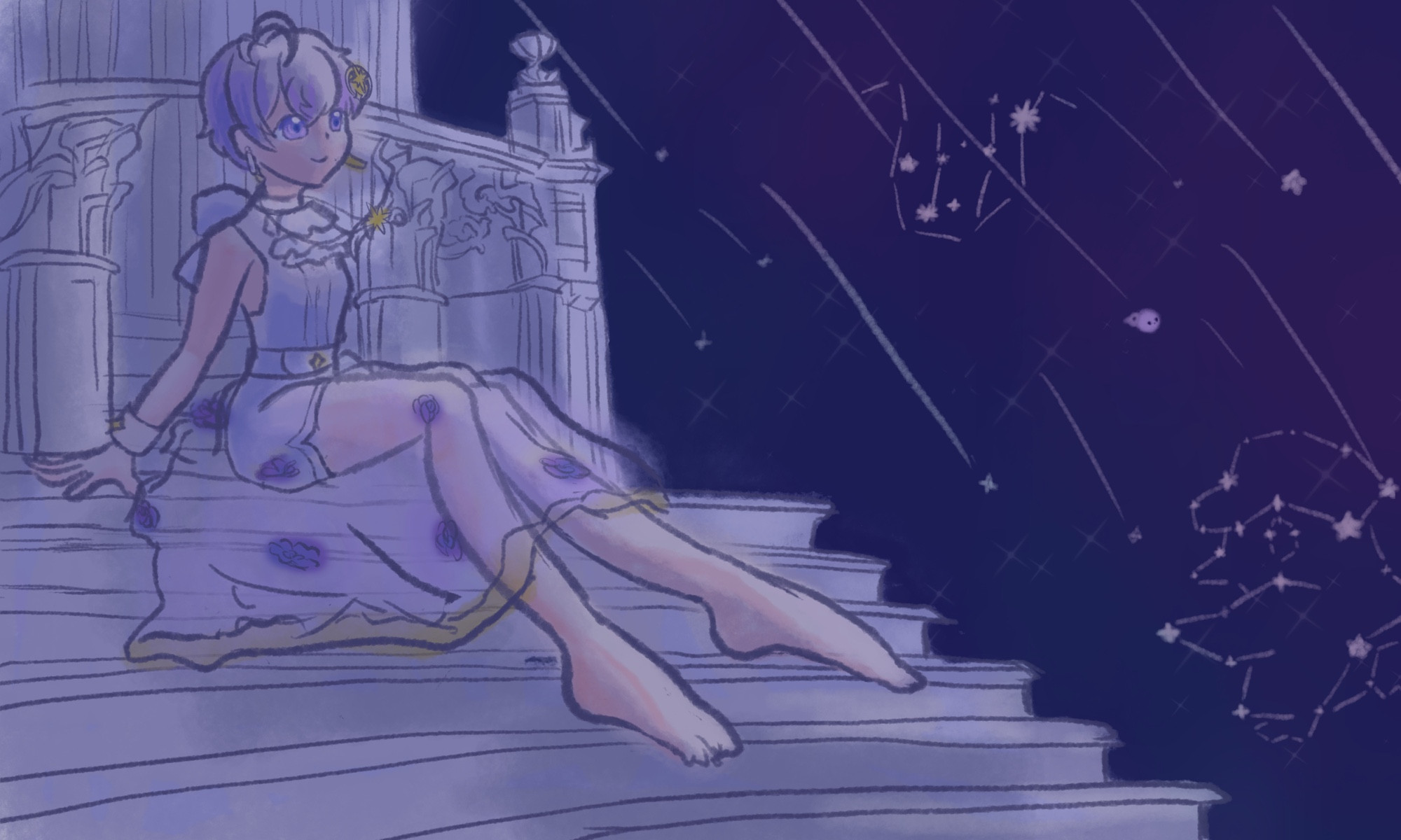 Oumua’s shimmering under the meteor shower, wearing wedding gown