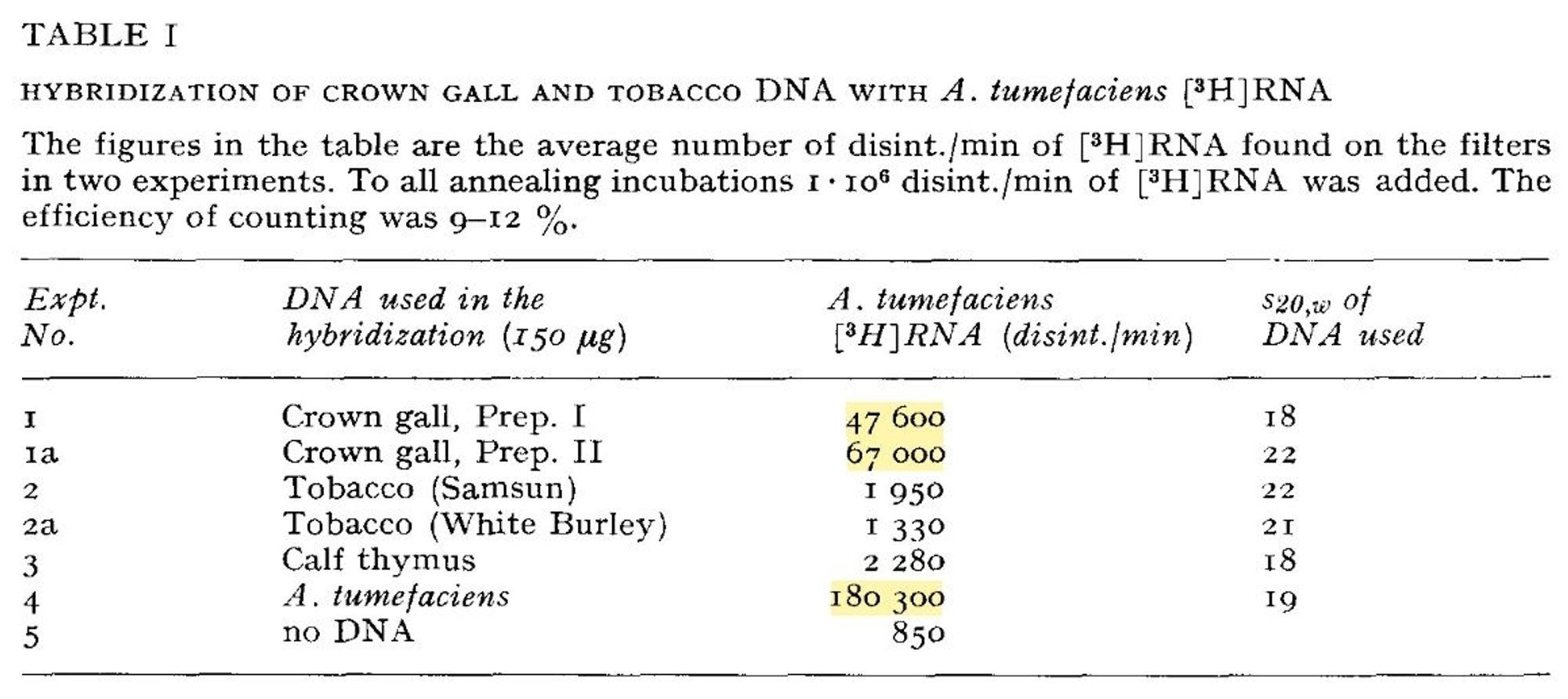 Table 1 or Rob Schilperoort's 1967 paper "Formation of complexes between DNA isolated from tobacco crown gall tumours and RNA complementary to Agrobacterium tumefaciens DNA", showing that agrobacterium RNA can hybridize with tumor DNA from tobacco crown galls, but not with regular tobacco DNA.