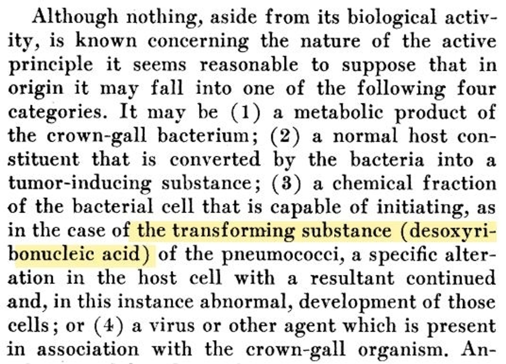 Excerpt from Armin Braun's 1947 paper "Thermal Studies on the Factors Responsible for Tumor Initiation in Crown Gall" stating that the crown gall tumors may be induced by: "(1) a metabolic product of the crown-gall bacterium; (2) a normal host constituent that is converted by the bacteria into a tumor-inducing substance; (3) a chemical fraction of the bacterial cell that is capable of initiating, as in the case of the transforming substance (desoxyribonucleic acid) of the pneumococci, a specific alteration in the host cell with a resultant continued and, in this instance abnormal, development of those cells; or (4) a virus or other agent which is present in association with the crown-gall organism."