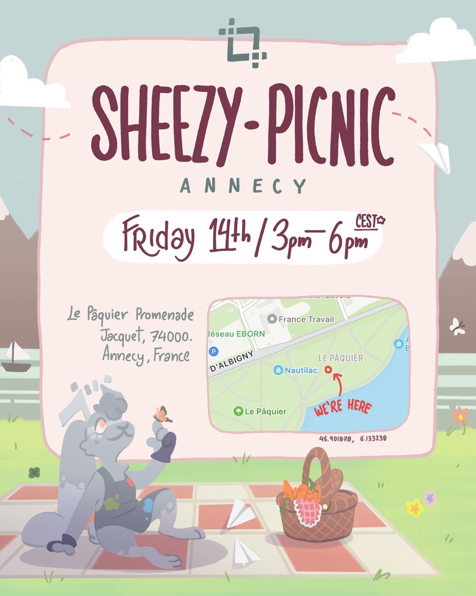 A digital picture of Sheemz, the Sheezy Art mascot, sitting on a picnic blanket, holding a butterfly. There is a basket filled with carrots. The main part of the image is a card which reads: Sheezy Picnic, Annecy, Friday 14th 3-6pm CEST. It shows a map of Le Pâquier Promenade, Jacquet, 74000, Annecy, France