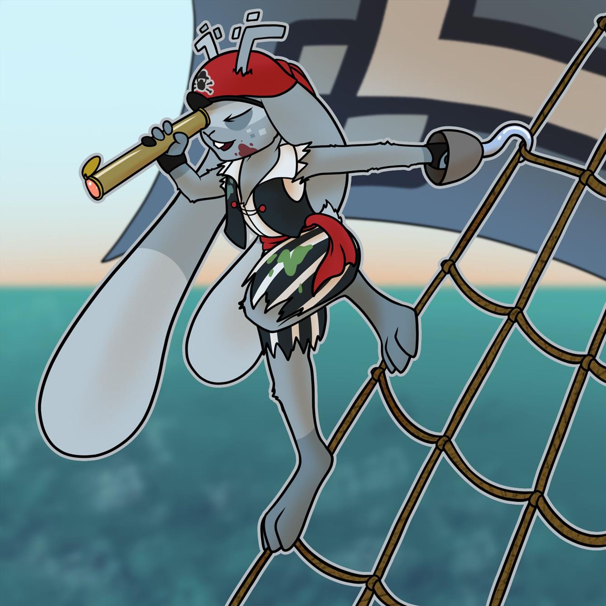 Digital Art. Sheemz, the Sheezy Art mascot dressed as a pirate. He hangs from the rigging, using his spyglass to look out of the ocean